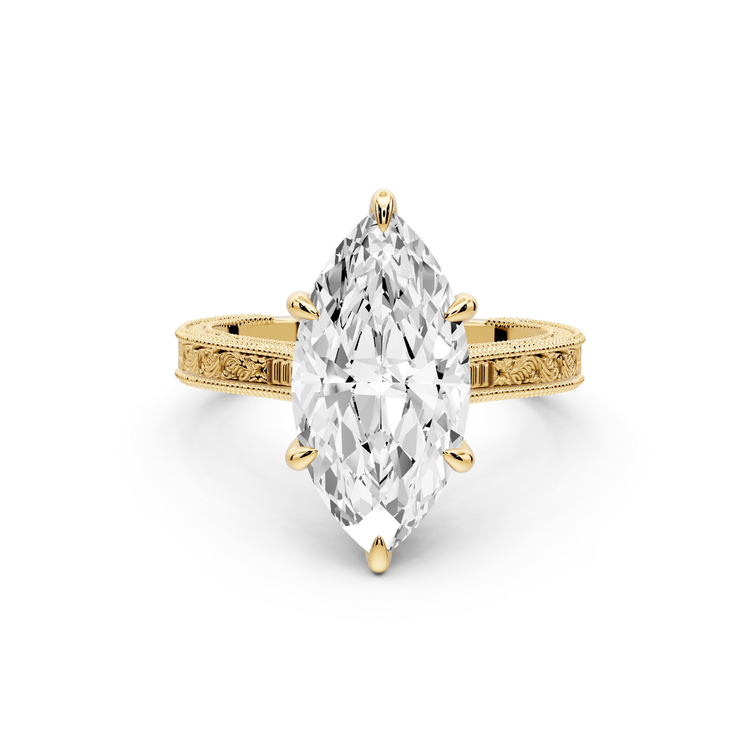 Daniel - 3ct 18k yellow gold Marquise Vintage-Inspired Solitaire Engagement Ring with Hand-Engraved Milgrain Band - Mr. Alex Jewelry