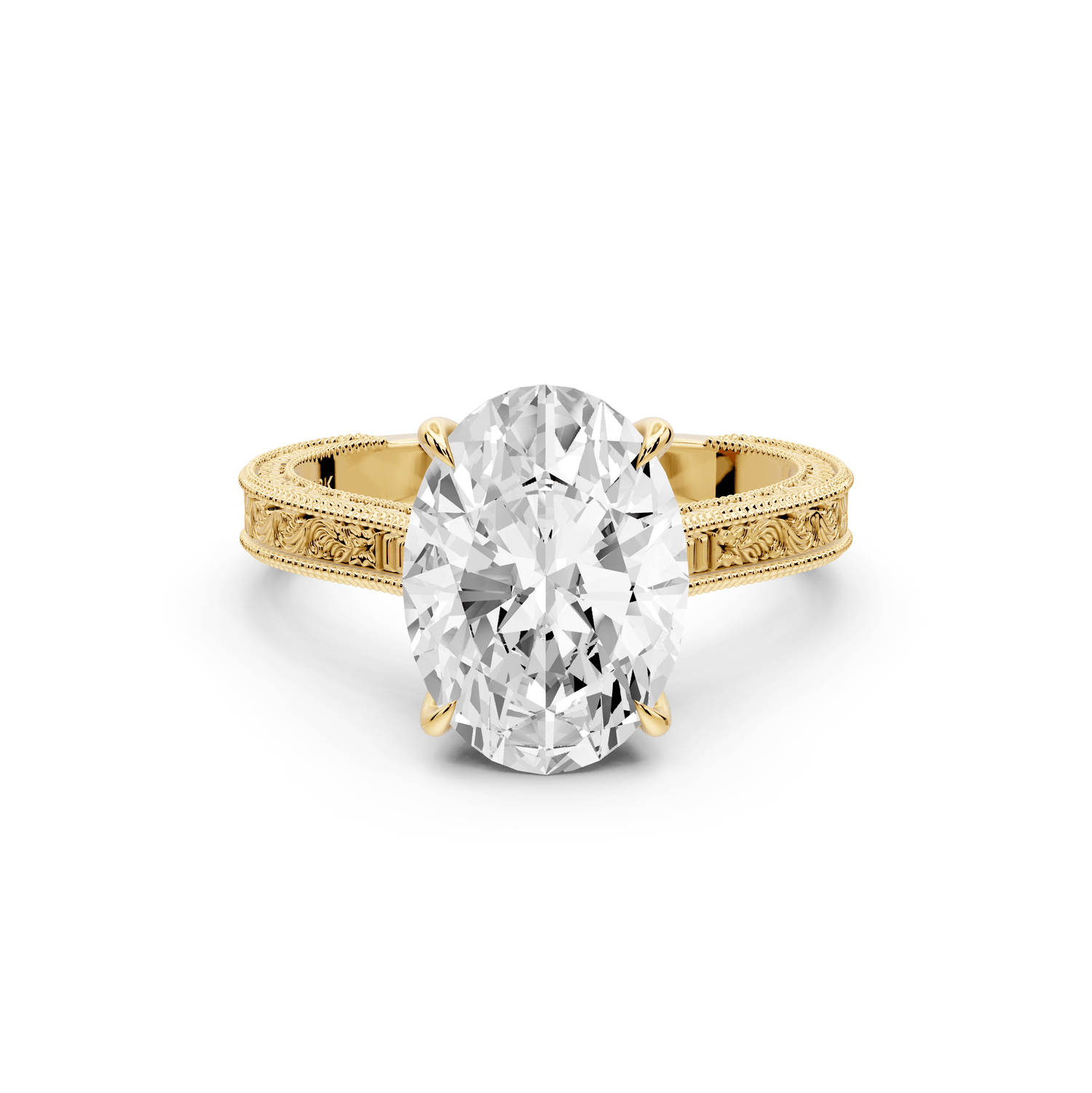 Daniel - 3ct 18k yellow gold Oval Vintage-Inspired Solitaire Engagement Ring with Hand-Engraved Milgrain Band - Mr. Alex Jewelry