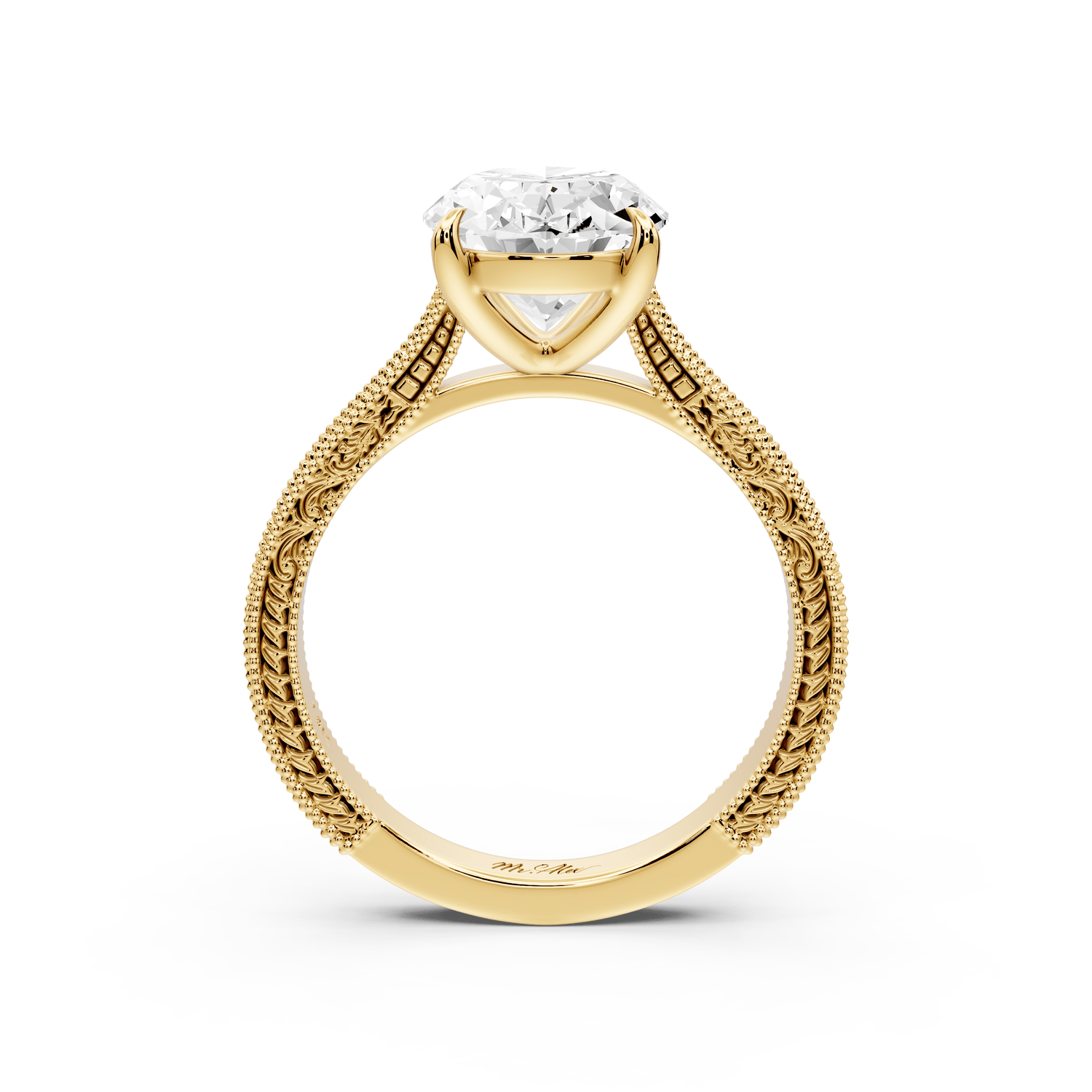 Daniel - 3ct 18k yellow gold Oval Vintage-Inspired Solitaire Engagement Ring with Hand-Engraved Milgrain Band - Mr. Alex Jewelry