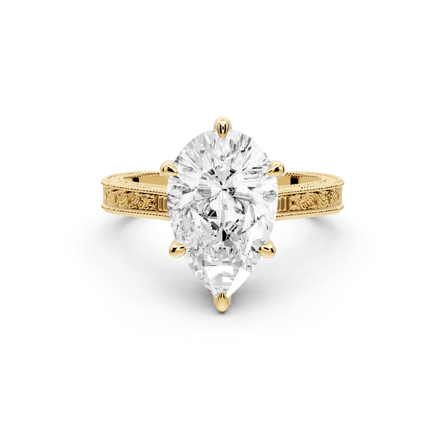 Daniel - 3ct 18k yellow gold Pear Vintage-Inspired Solitaire Engagement Ring with Hand-Engraved Milgrain Band - Mr. Alex Jewelry
