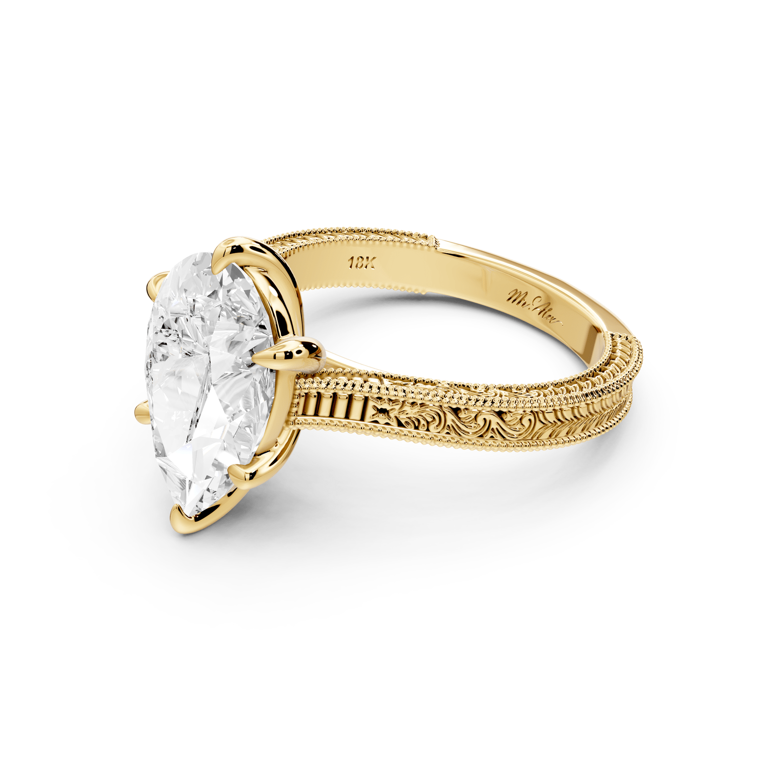 Daniel - 3ct 18k yellow gold Pear Vintage-Inspired Solitaire Engagement Ring with Hand-Engraved Milgrain Band - Mr. Alex Jewelry