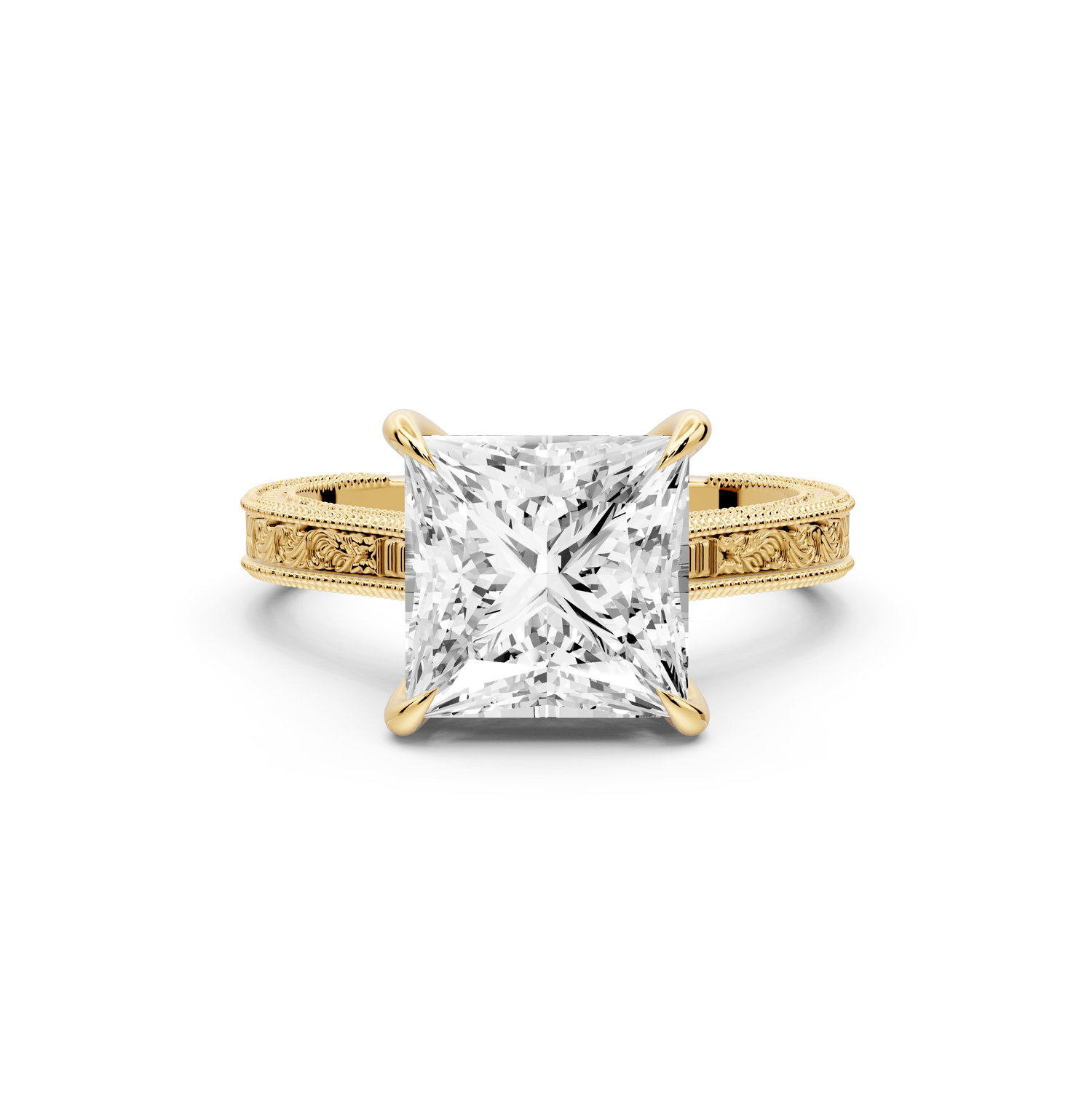 Daniel - 3ct 18k yellow gold Princess Vintage-Inspired Solitaire Engagement Ring with Hand-Engraved Milgrain Band - Mr. Alex Jewelry
