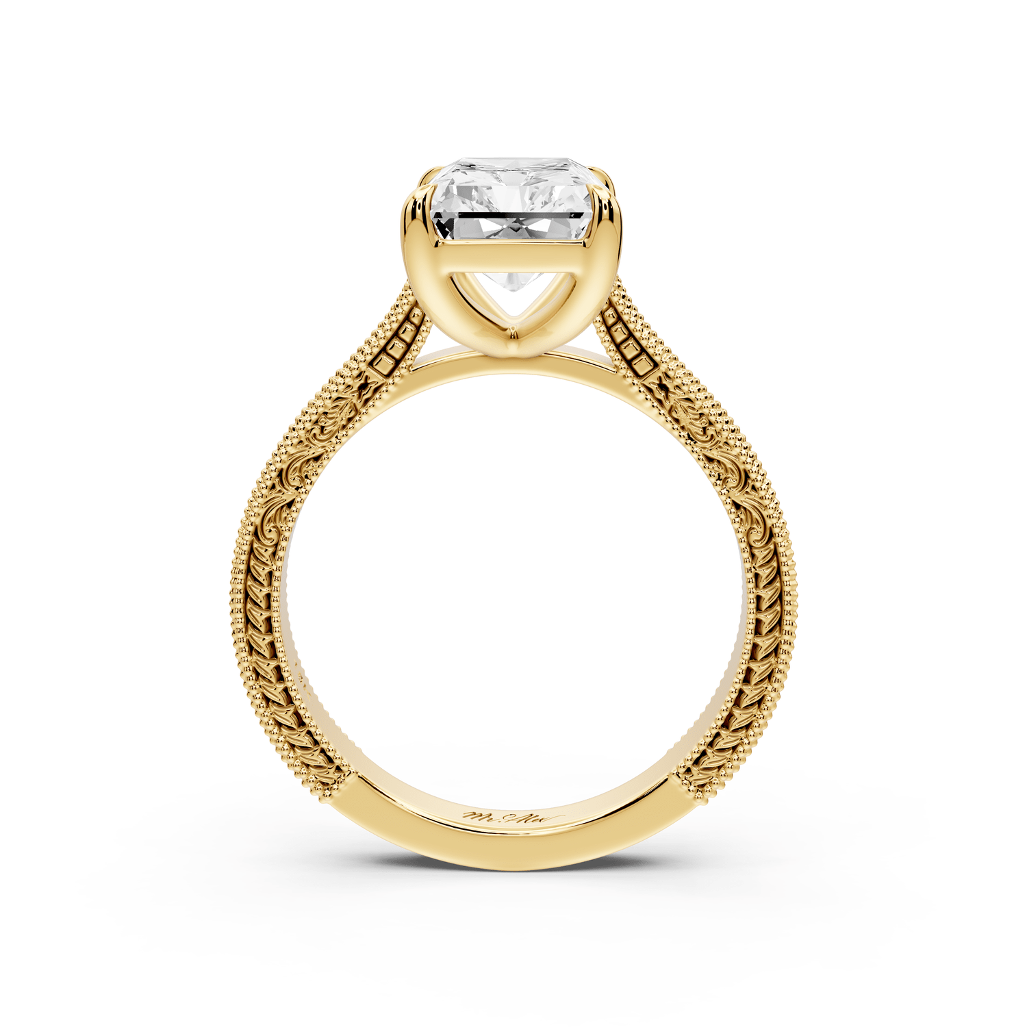 Daniel - 3ct 18k yellow gold Radiant Vintage-Inspired Solitaire Engagement Ring with Hand-Engraved Milgrain Band - Mr. Alex Jewelry