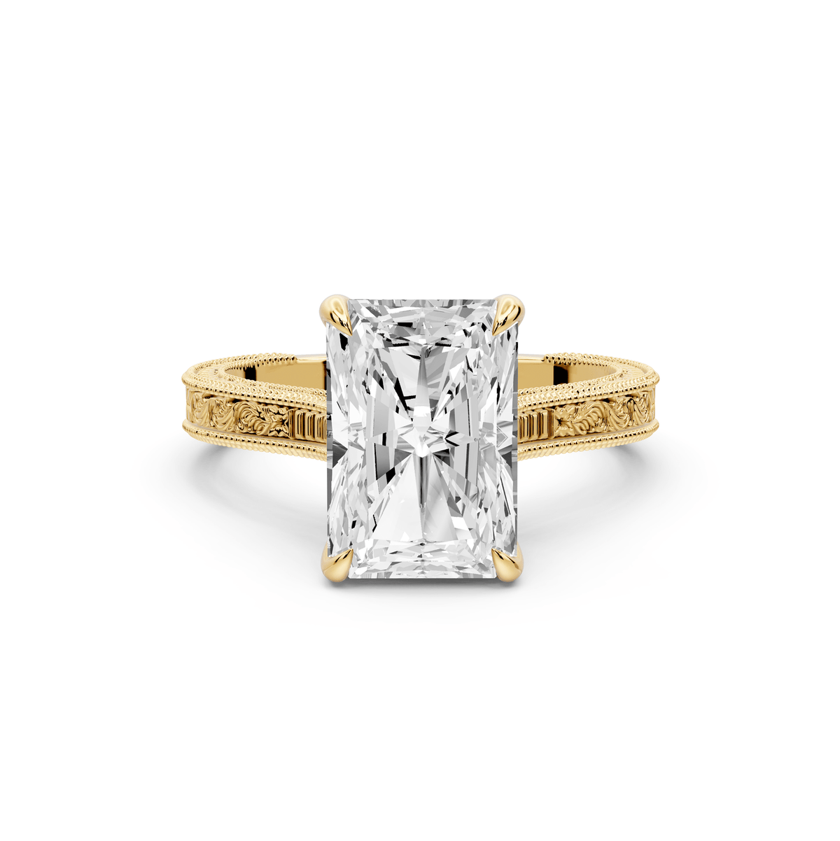 Daniel - 3ct 18k yellow gold Radiant Vintage-Inspired Solitaire Engagement Ring with Hand-Engraved Milgrain Band - Mr. Alex Jewelry