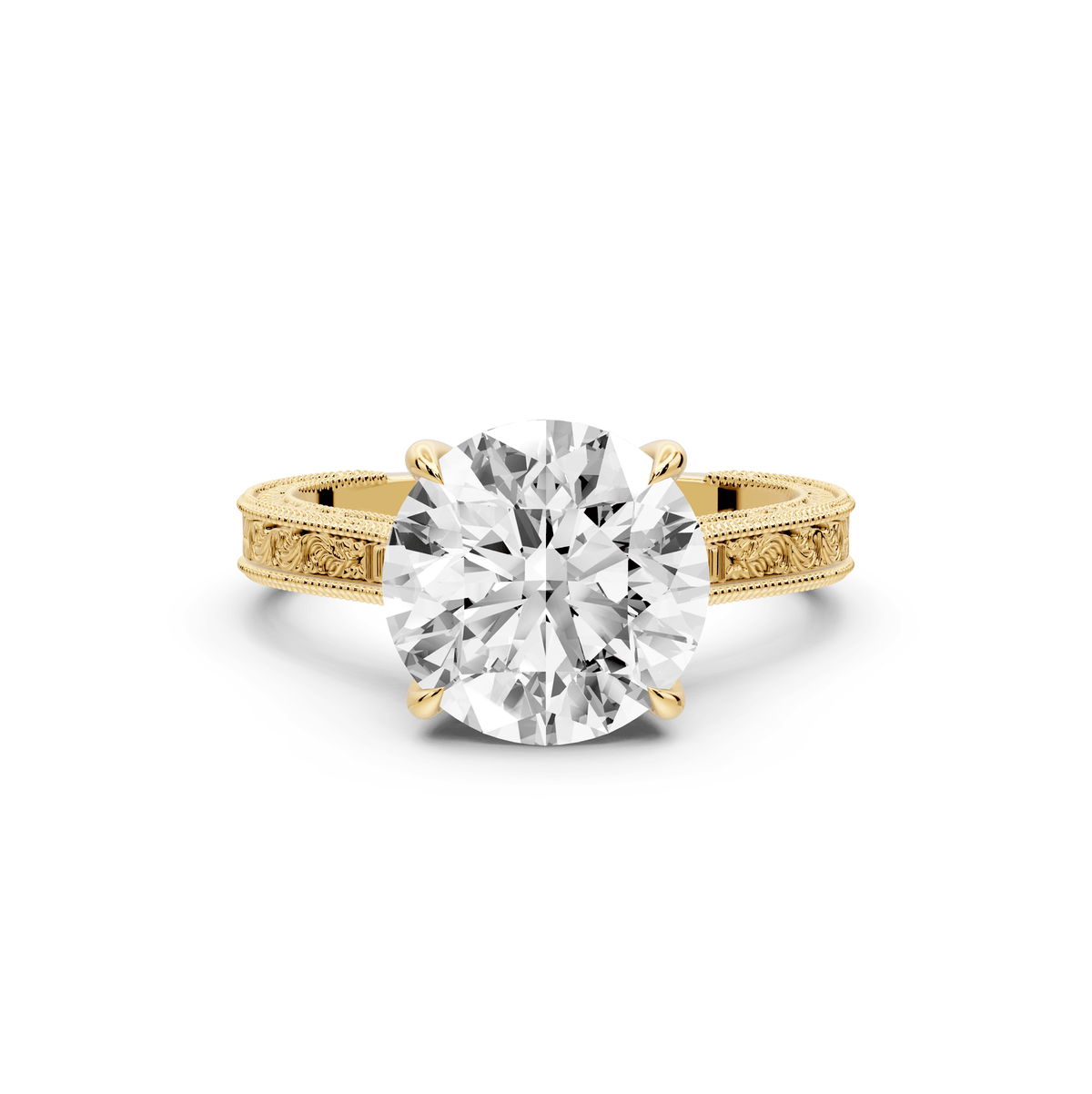 Daniel - 3ct 18k yellow gold Round Vintage-Inspired Solitaire Engagement Ring with Hand-Engraved Milgrain Band - Mr. Alex Jewelry