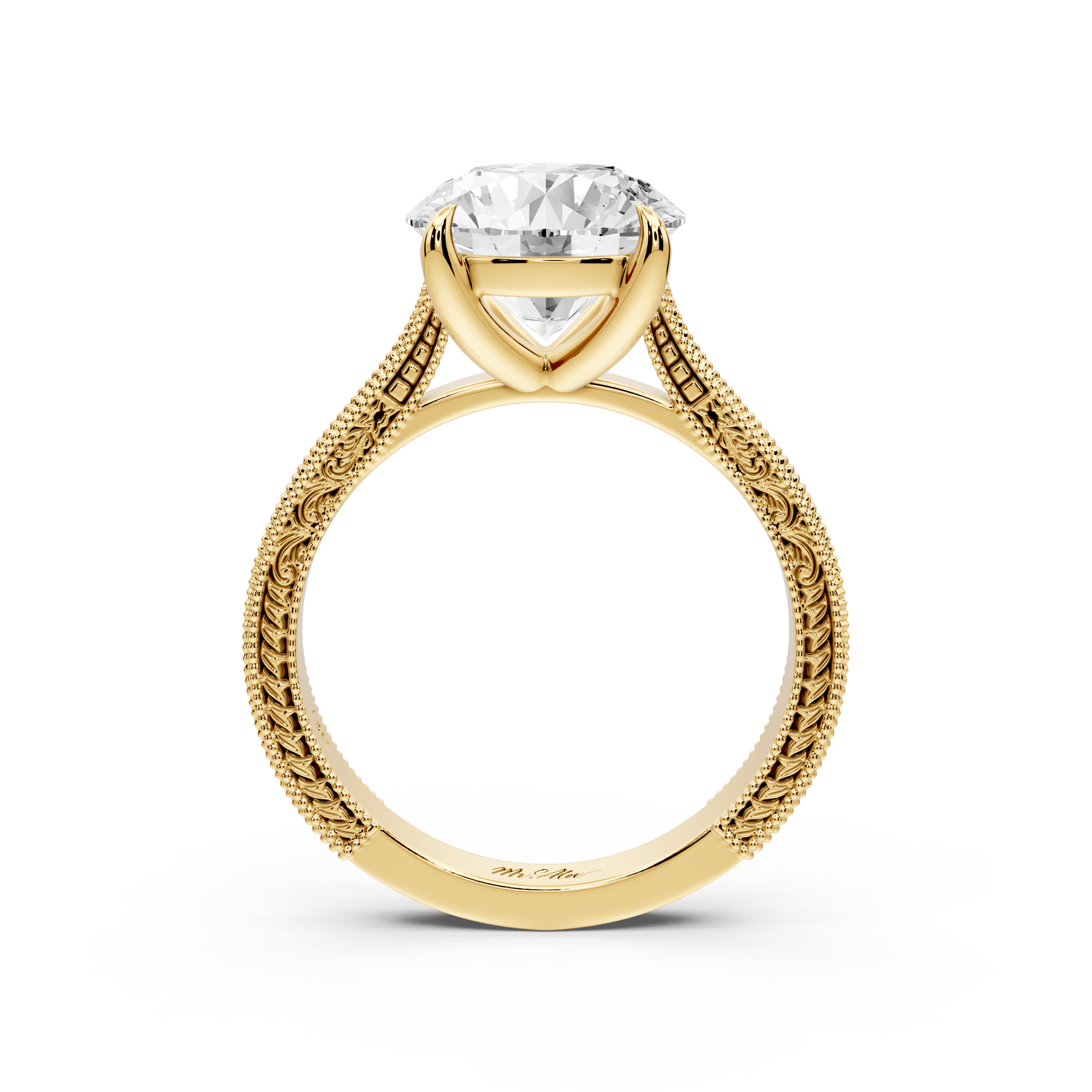 Daniel - 3ct 18k yellow gold Round Vintage-Inspired Solitaire Engagement Ring with Hand-Engraved Milgrain Band - Mr. Alex Jewelry