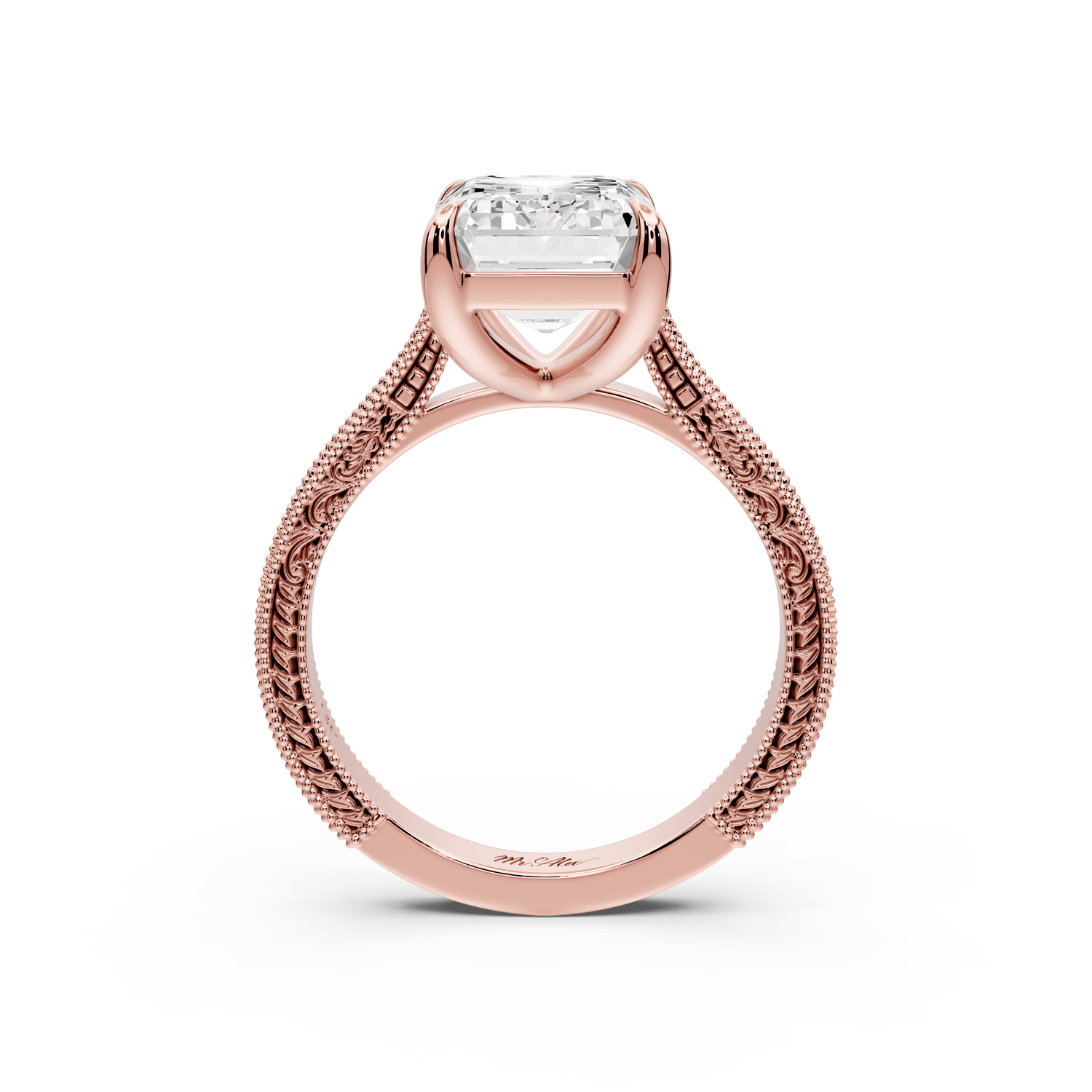 Daniel - 4ct 14k rose gold Emerald Vintage-Inspired Solitaire Engagement Ring with Hand-Engraved Milgrain Band - Mr. Alex Jewelry