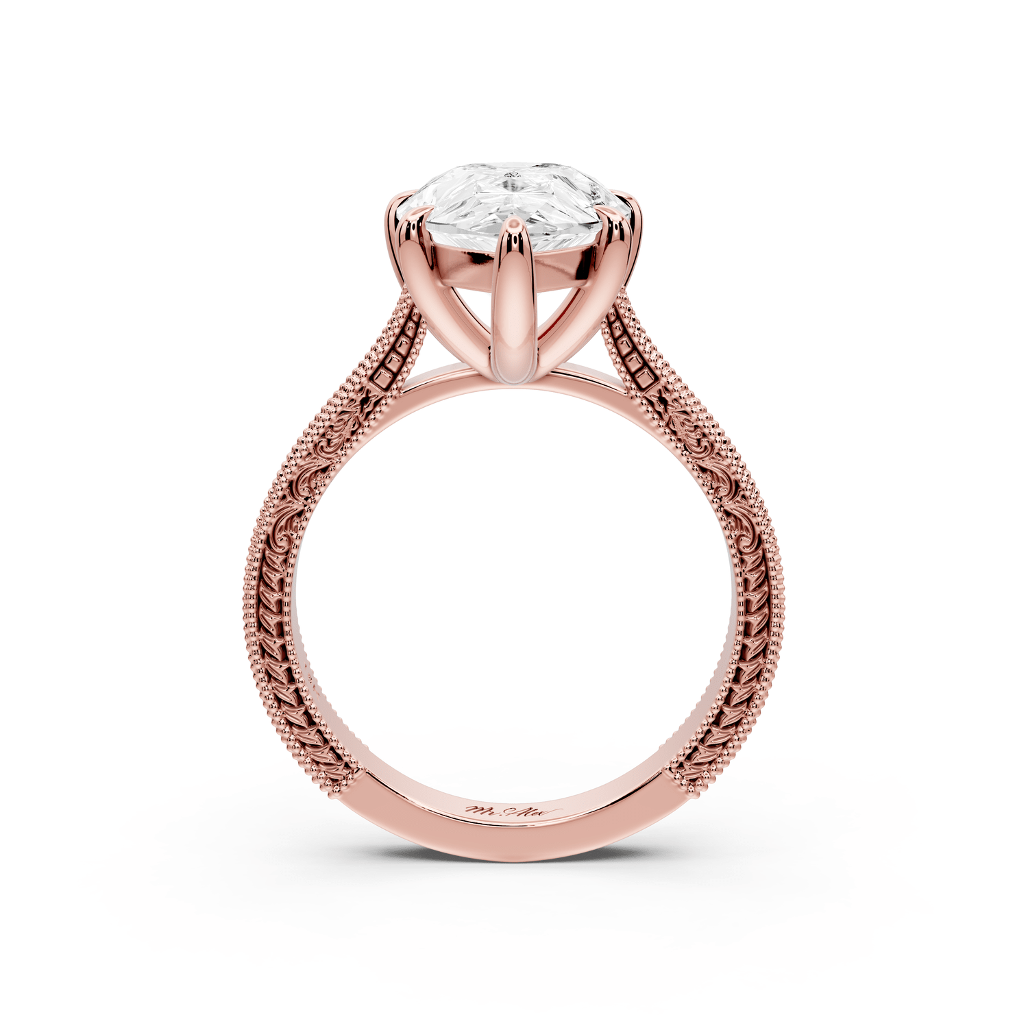 Daniel - 4ct 14k rose gold Pear Vintage-Inspired Solitaire Engagement Ring with Hand-Engraved Milgrain Band - Mr. Alex Jewelry