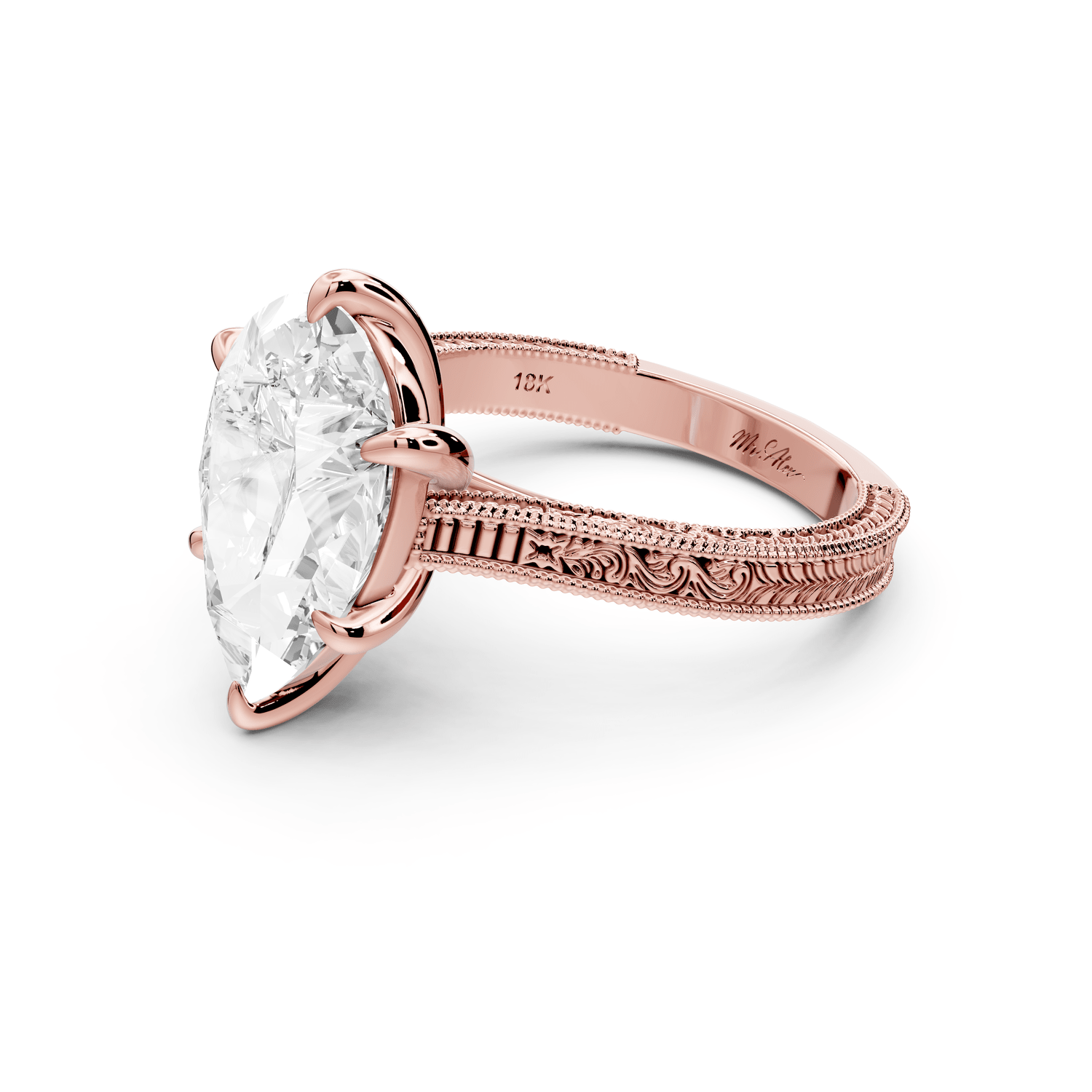 Daniel - 4ct 14k rose gold Pear Vintage-Inspired Solitaire Engagement Ring with Hand-Engraved Milgrain Band - Mr. Alex Jewelry
