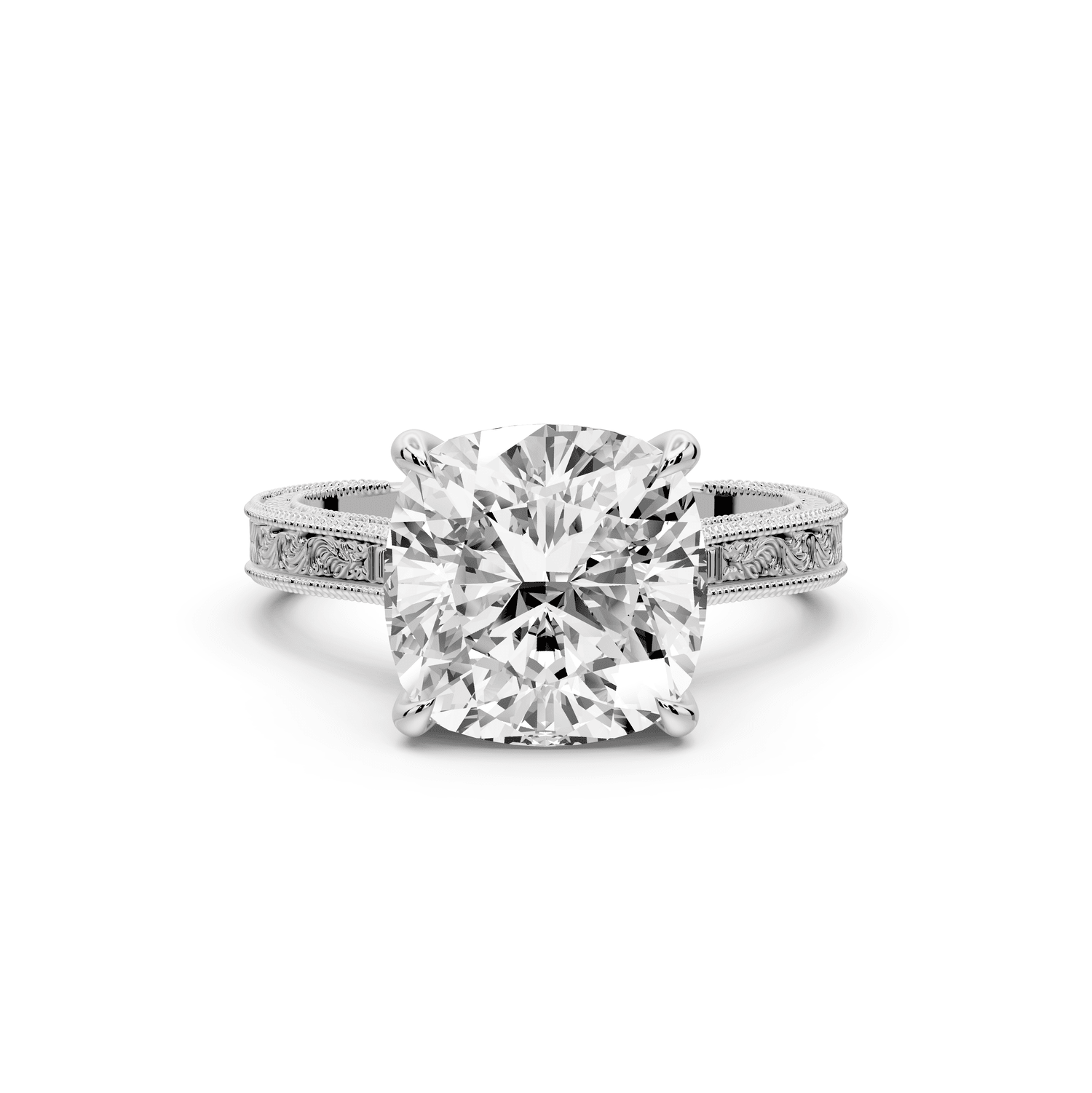 Daniel - 4ct 14k white gold Cushion Vintage-Inspired Solitaire Engagement Ring with Hand-Engraved Milgrain Band - Mr. Alex Jewelry