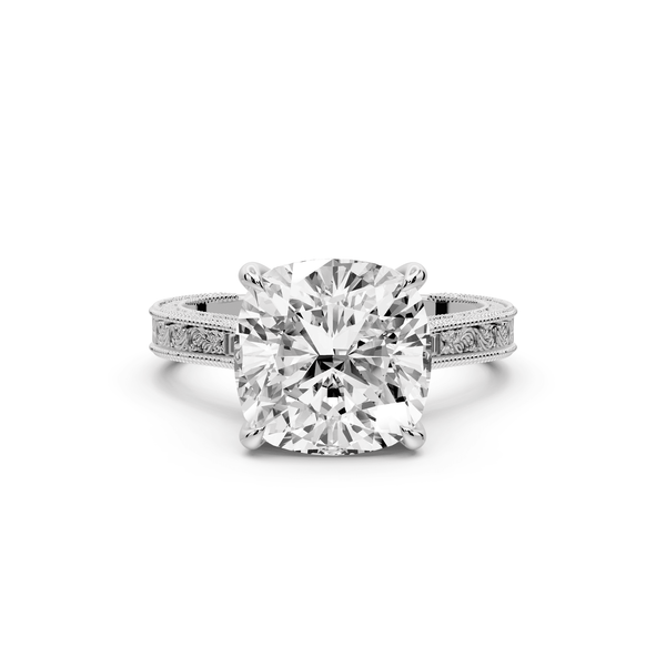 Daniel - 4ct 14k white gold Cushion Vintage-Inspired Solitaire Engagement Ring with Hand-Engraved Milgrain Band - Mr. Alex Jewelry
