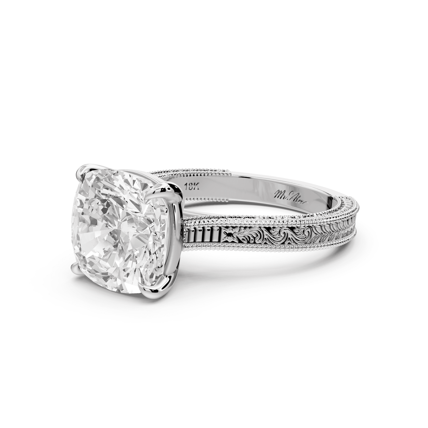 Daniel - 4ct 14k white gold Cushion Vintage-Inspired Solitaire Engagement Ring with Hand-Engraved Milgrain Band - Mr. Alex Jewelry