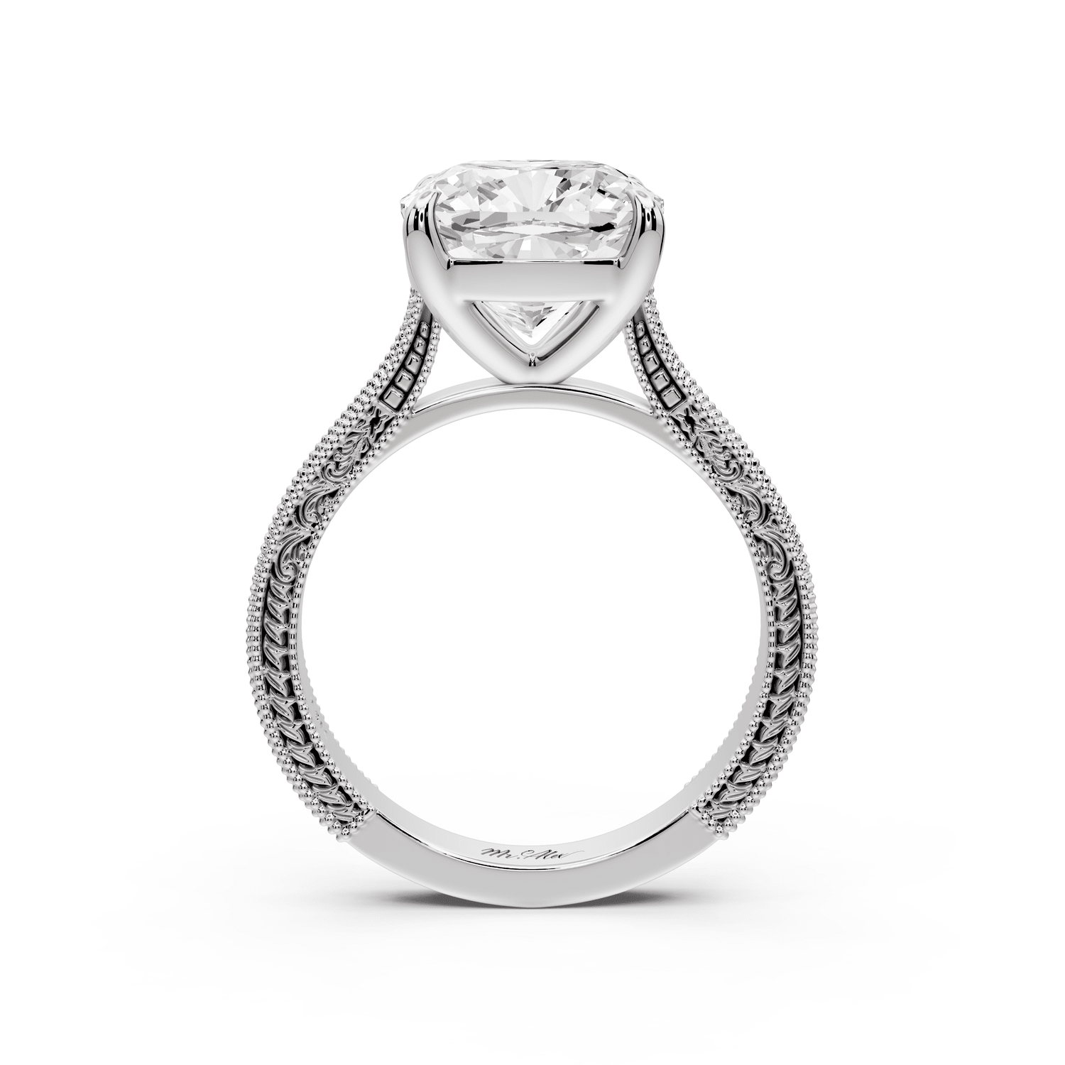 Daniel - 4ct 14k white gold Cushion Vintage-Inspired Solitaire Engagement Ring with Hand-Engraved Milgrain Band - Mr. Alex Jewelry