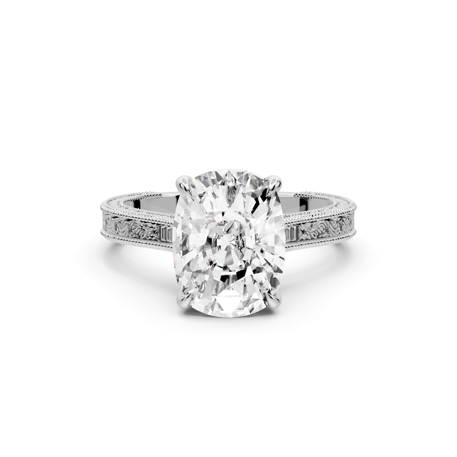 Daniel - 4ct 14k white gold Ecushion Vintage-Inspired Solitaire Engagement Ring with Hand-Engraved Milgrain Band - Mr. Alex Jewelry