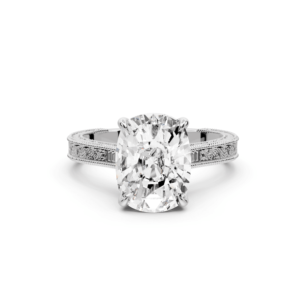 Daniel - 4ct 14k white gold Ecushion Vintage-Inspired Solitaire Engagement Ring with Hand-Engraved Milgrain Band - Mr. Alex Jewelry
