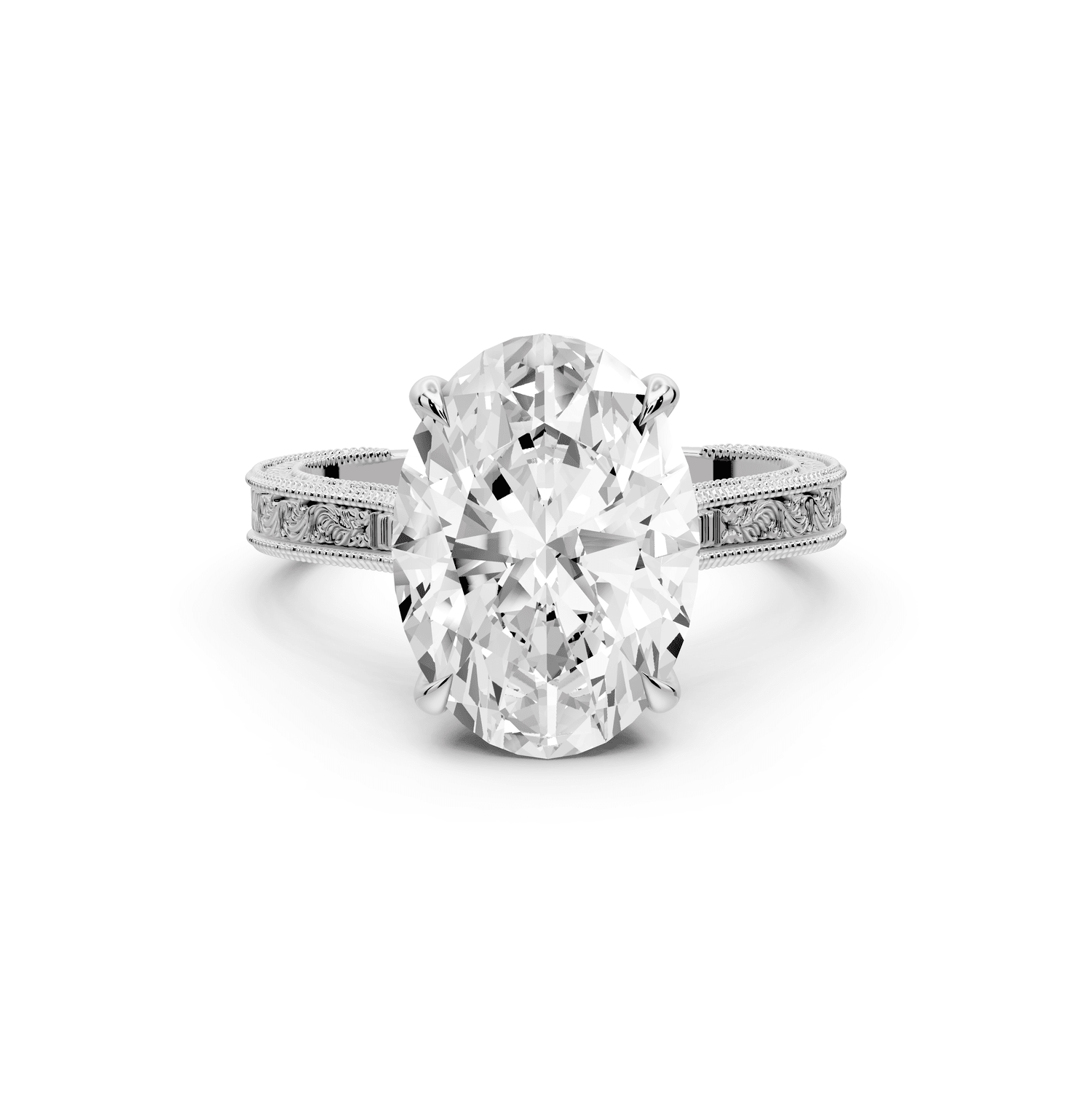Daniel - 4ct 14k white gold Oval Vintage-Inspired Solitaire Engagement Ring with Hand-Engraved Milgrain Band - Mr. Alex Jewelry