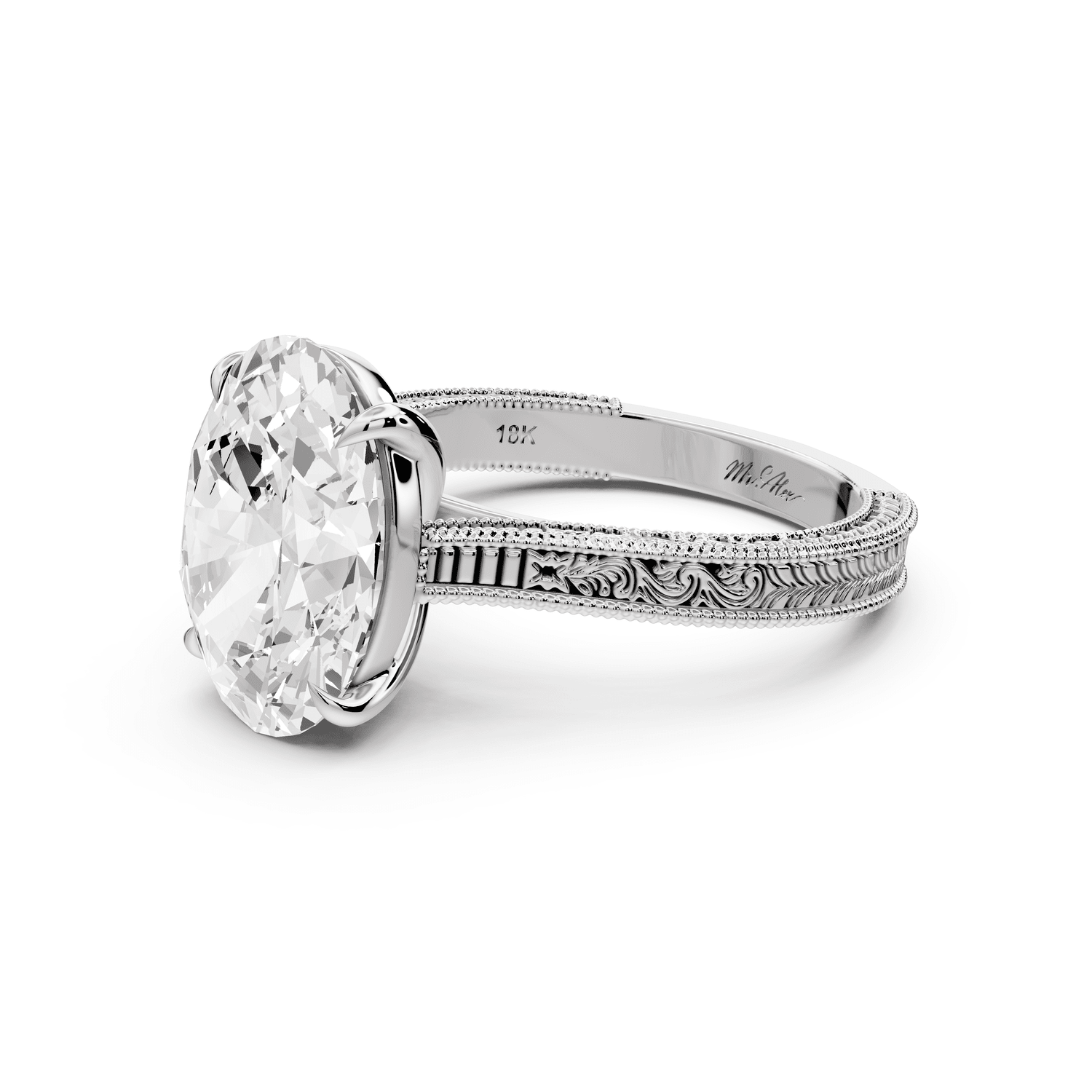 Daniel - 4ct 14k white gold Oval Vintage-Inspired Solitaire Engagement Ring with Hand-Engraved Milgrain Band - Mr. Alex Jewelry