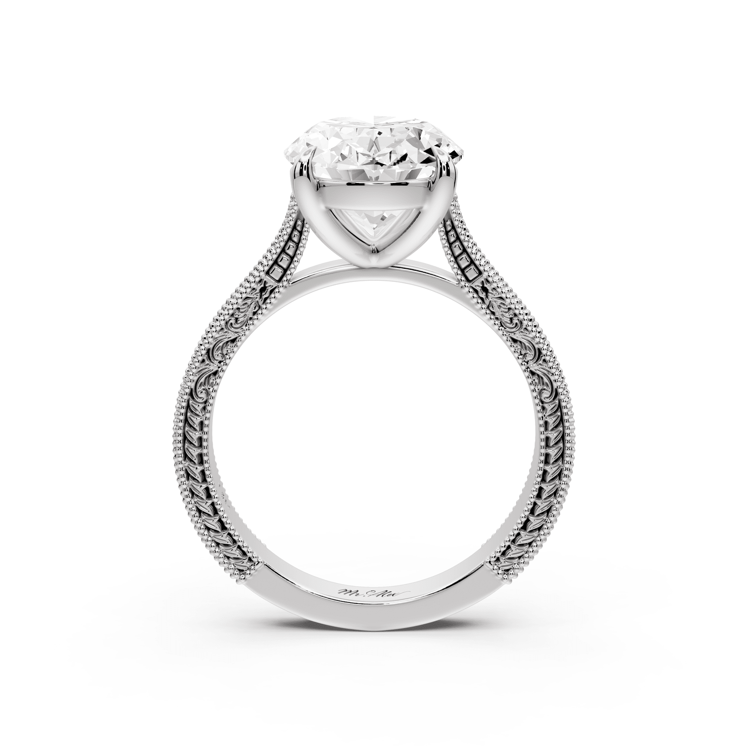 Daniel - 4ct 14k white gold Oval Vintage-Inspired Solitaire Engagement Ring with Hand-Engraved Milgrain Band - Mr. Alex Jewelry