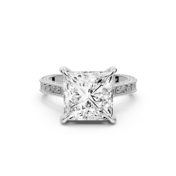 Daniel - 4ct 14k white gold Princess Vintage-Inspired Solitaire Engagement Ring with Hand-Engraved Milgrain Band - Mr. Alex Jewelry