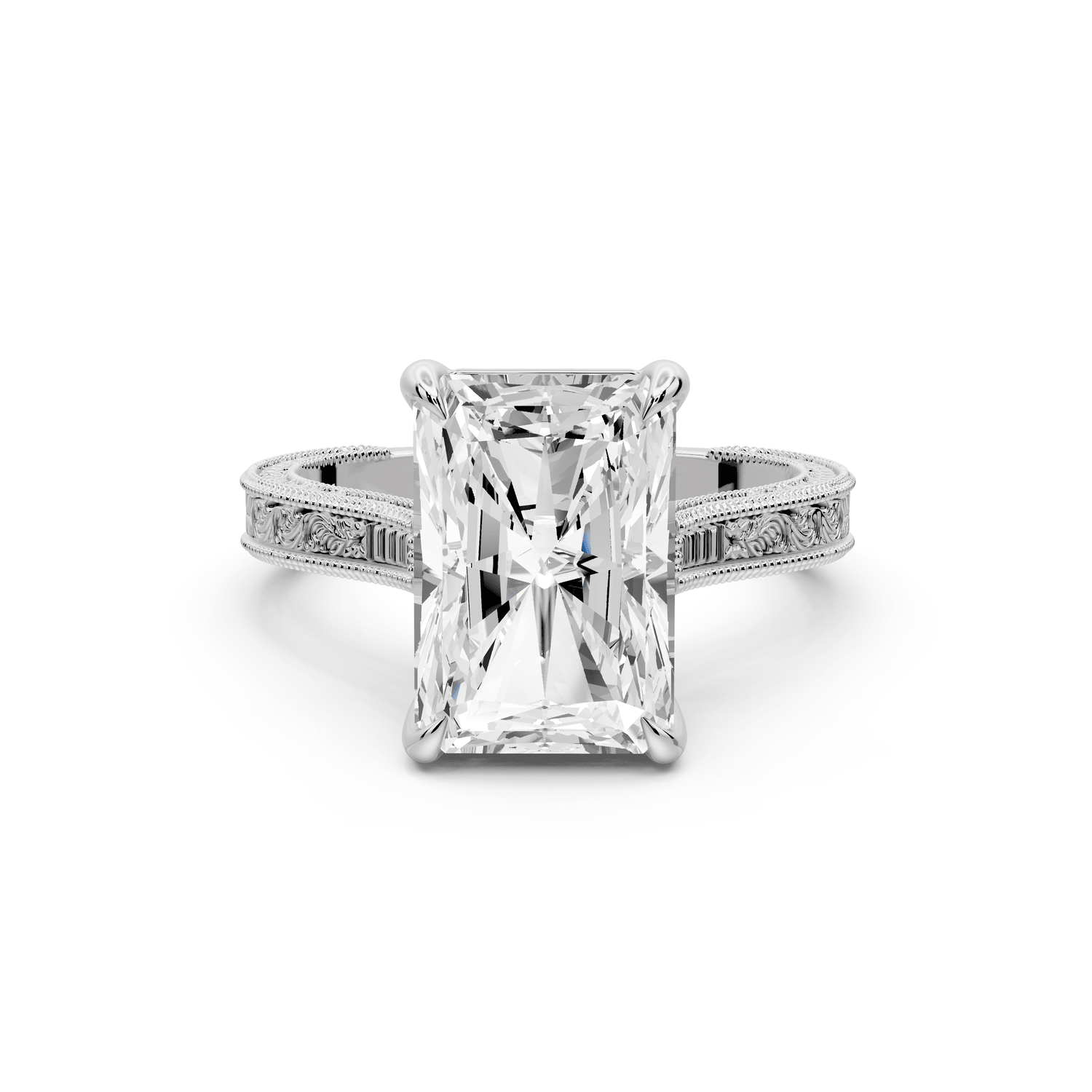 Daniel - 4ct 14k white gold Radiant Vintage-Inspired Solitaire Engagement Ring with Hand-Engraved Milgrain Band - Mr. Alex Jewelry