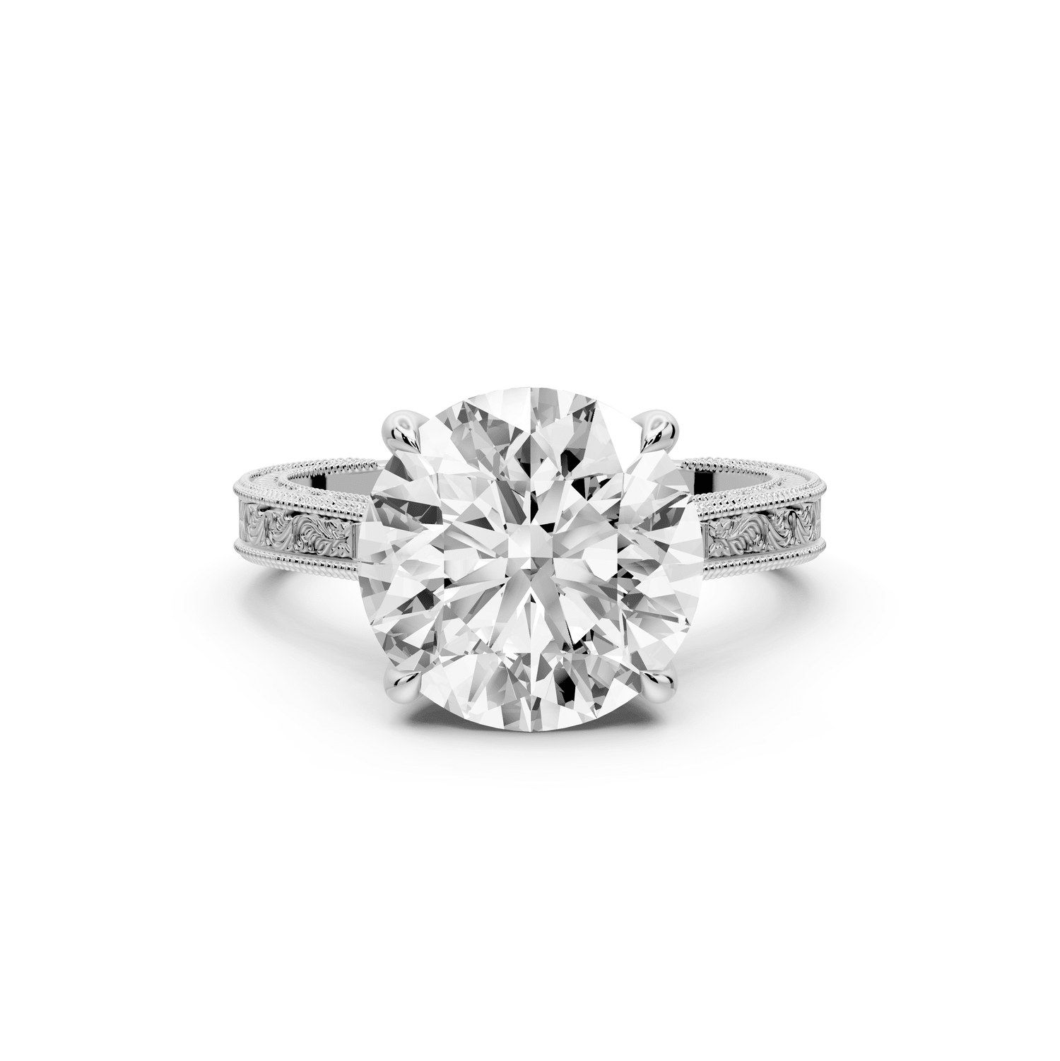 Daniel - 4ct 14k white gold Round Vintage-Inspired Solitaire Engagement Ring with Hand-Engraved Milgrain Band - Mr. Alex Jewelry
