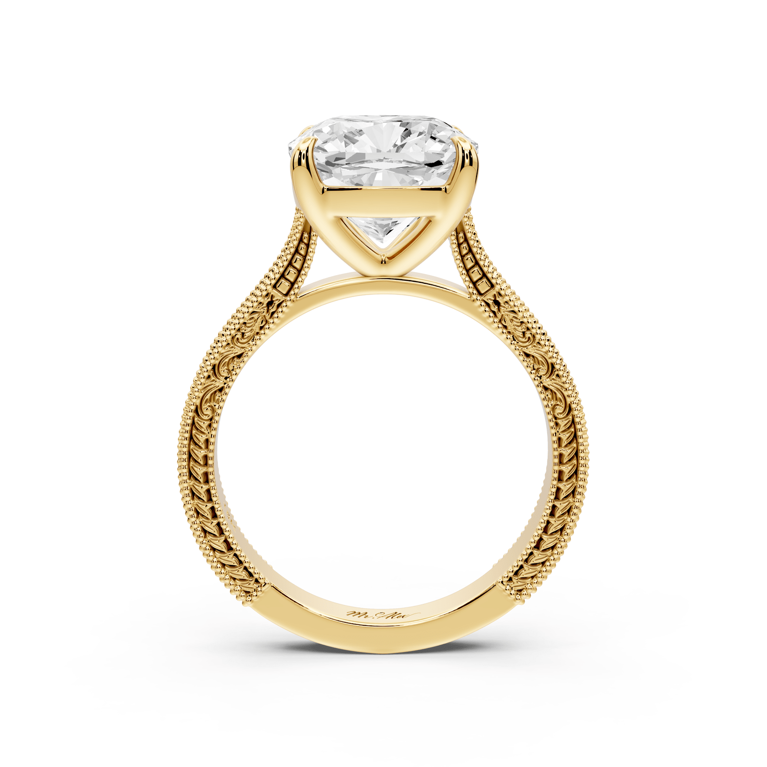 Daniel - 4ct 14k yellow gold Cushion Vintage-Inspired Solitaire Engagement Ring with Hand-Engraved Milgrain Band - Mr. Alex Jewelry