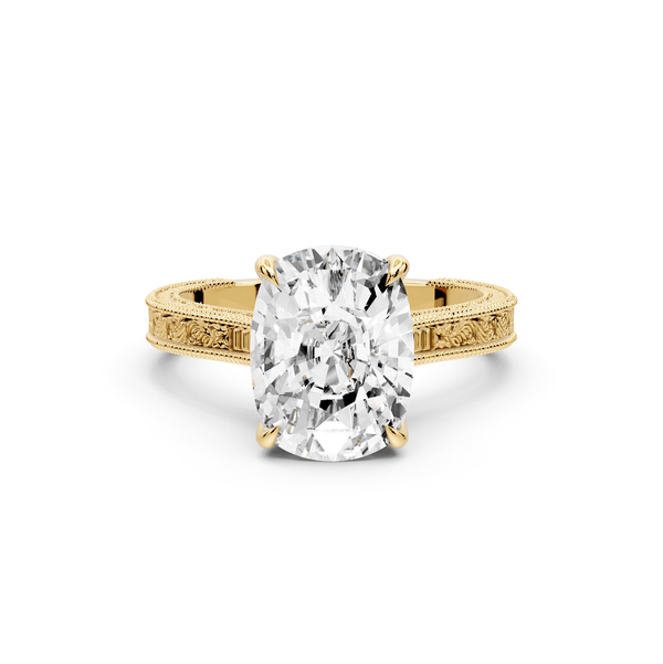 Daniel - 4ct 14k yellow gold Ecushion Vintage-Inspired Solitaire Engagement Ring with Hand-Engraved Milgrain Band - Mr. Alex Jewelry