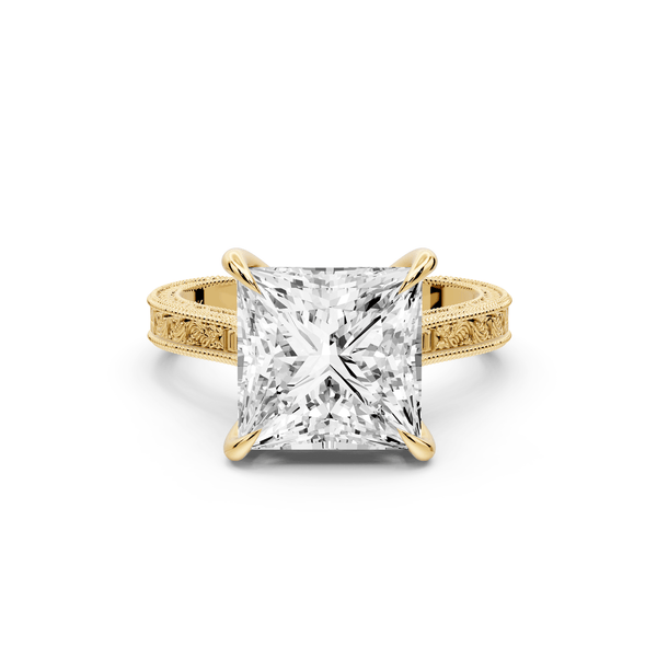 Daniel - 4ct 14k yellow gold Princess Vintage-Inspired Solitaire Engagement Ring with Hand-Engraved Milgrain Band - Mr. Alex Jewelry
