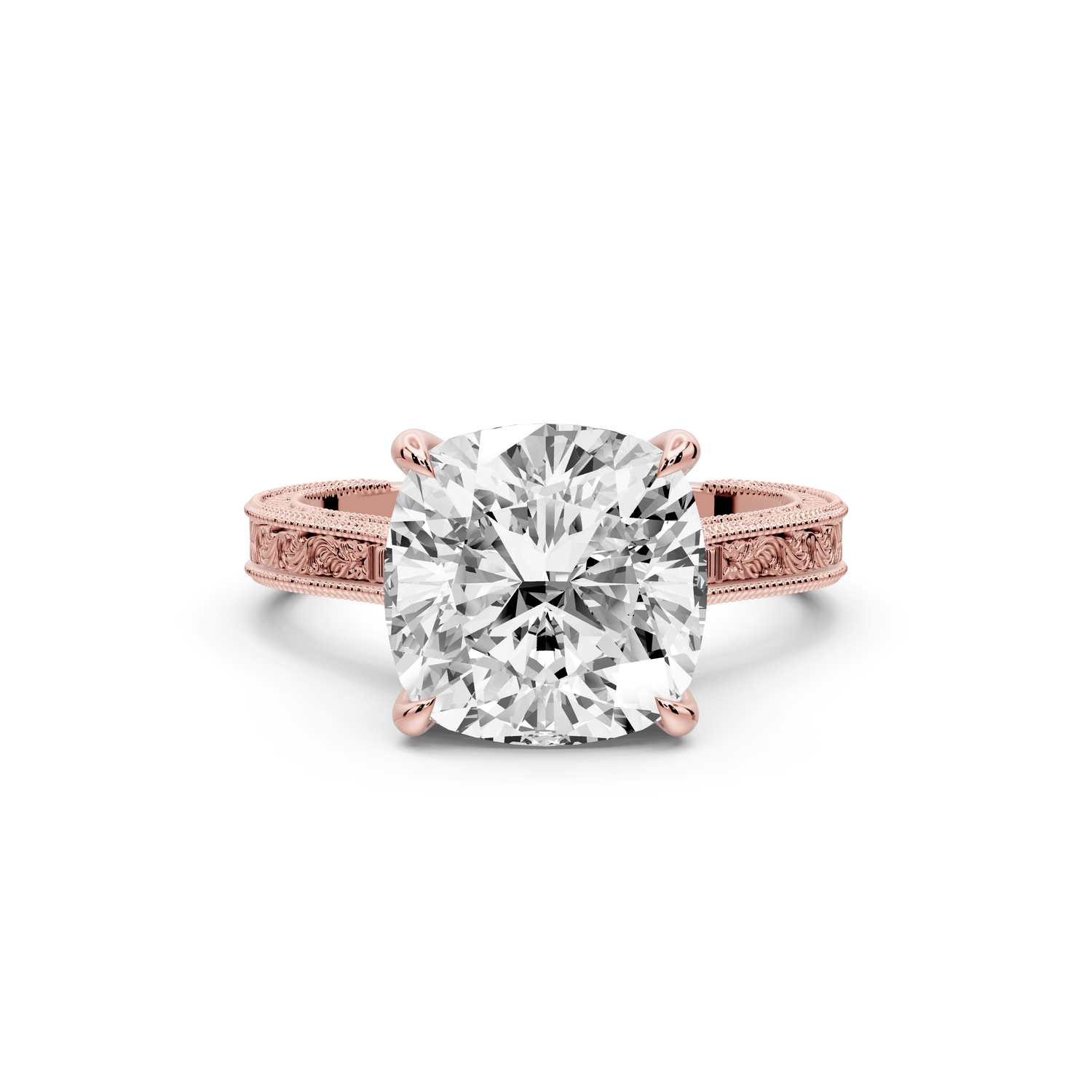 Daniel - 4ct 18k rose gold Cushion Vintage-Inspired Solitaire Engagement Ring with Hand-Engraved Milgrain Band - Mr. Alex Jewelry