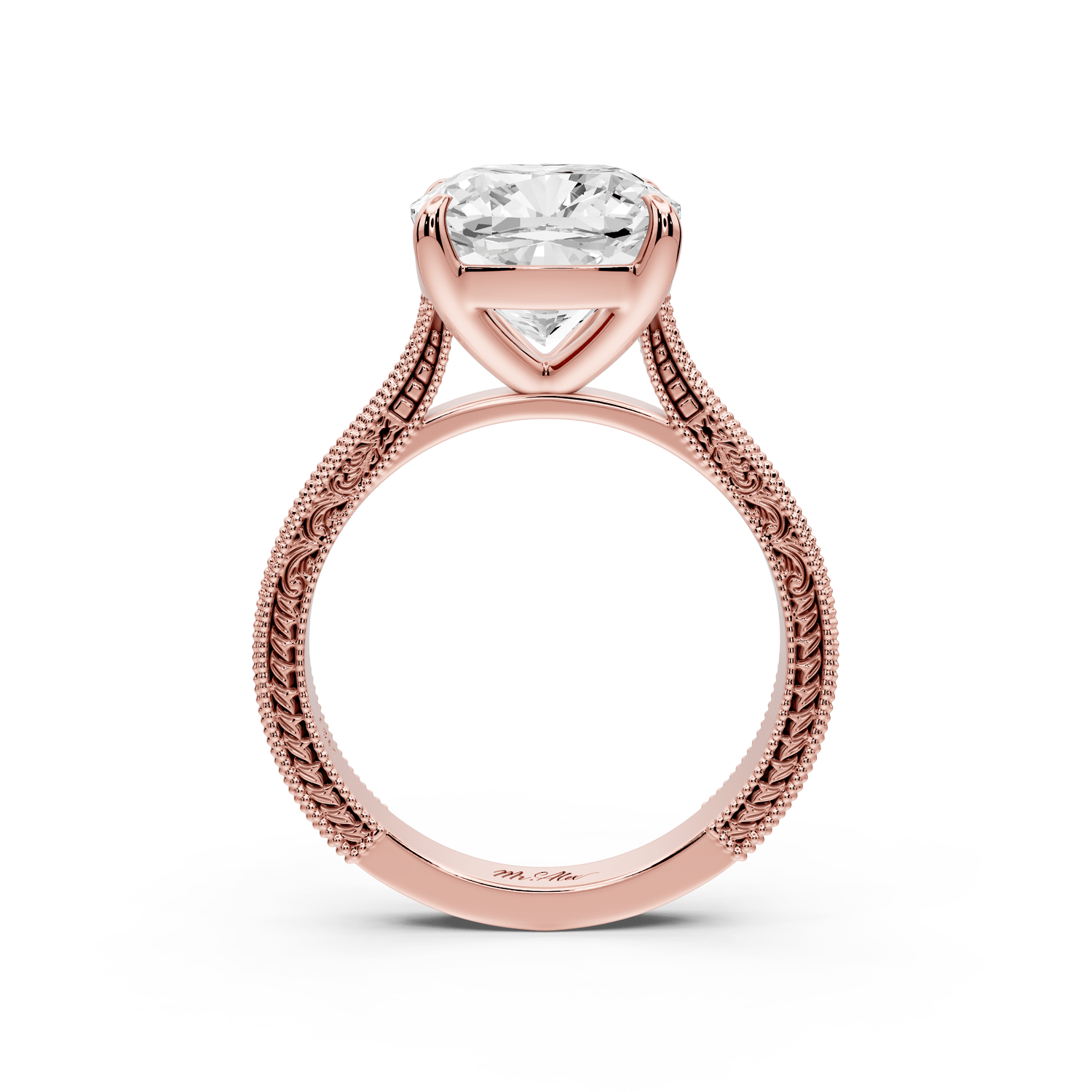 Daniel - 4ct 18k rose gold Cushion Vintage-Inspired Solitaire Engagement Ring with Hand-Engraved Milgrain Band - Mr. Alex Jewelry