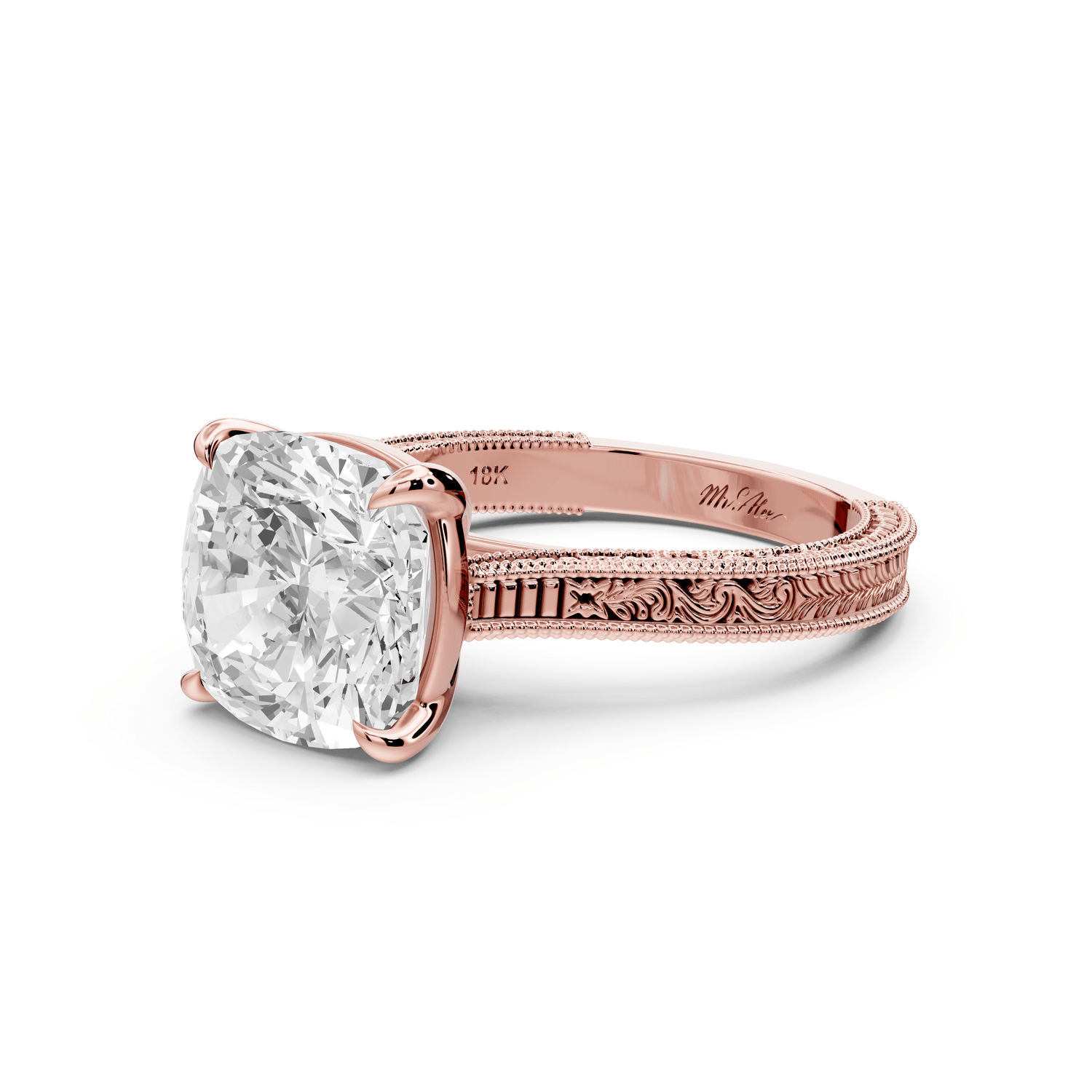 Daniel - 4ct 18k rose gold Cushion Vintage-Inspired Solitaire Engagement Ring with Hand-Engraved Milgrain Band - Mr. Alex Jewelry