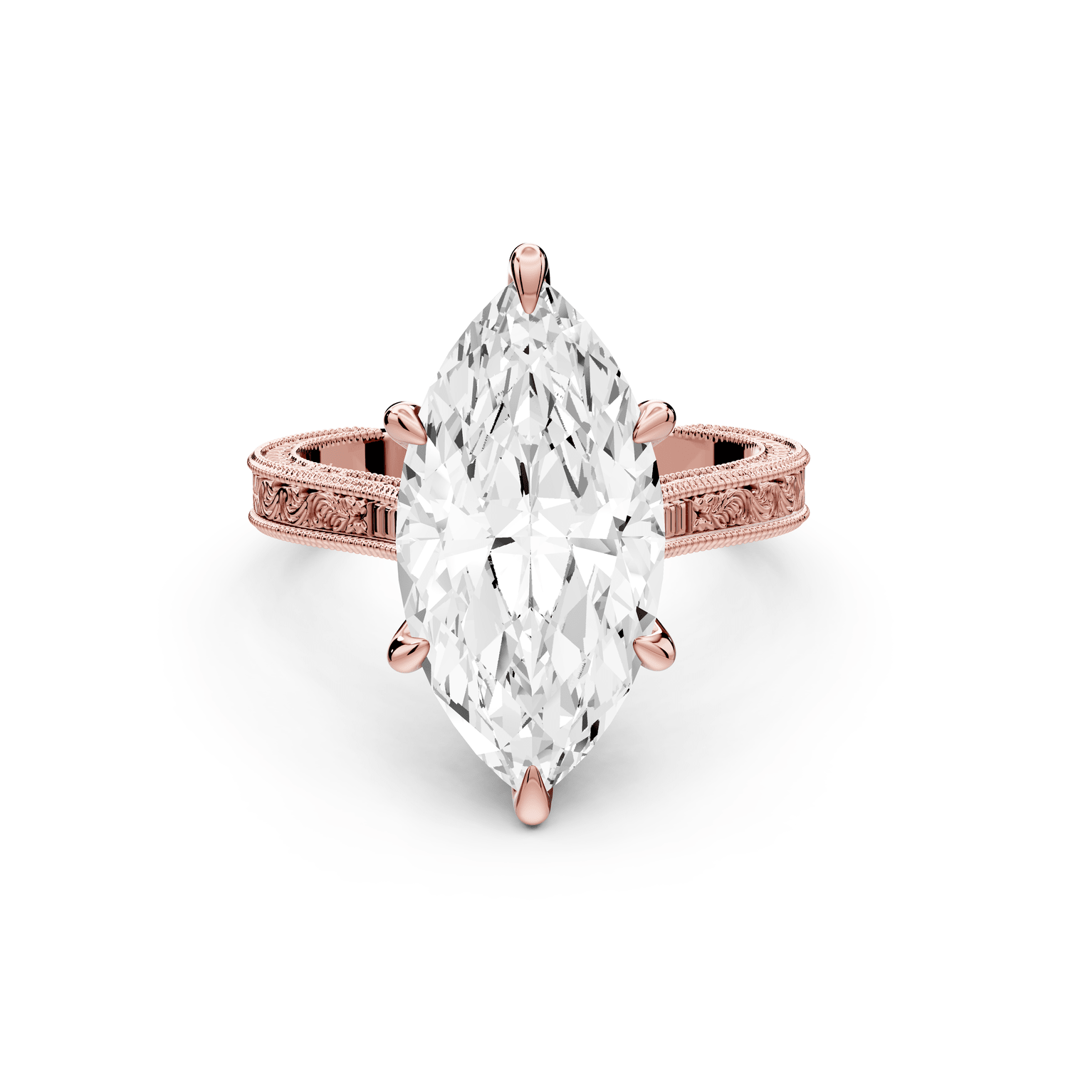 Daniel - 4ct 18k rose gold Marquise Vintage-Inspired Solitaire Engagement Ring with Hand-Engraved Milgrain Band - Mr. Alex Jewelry
