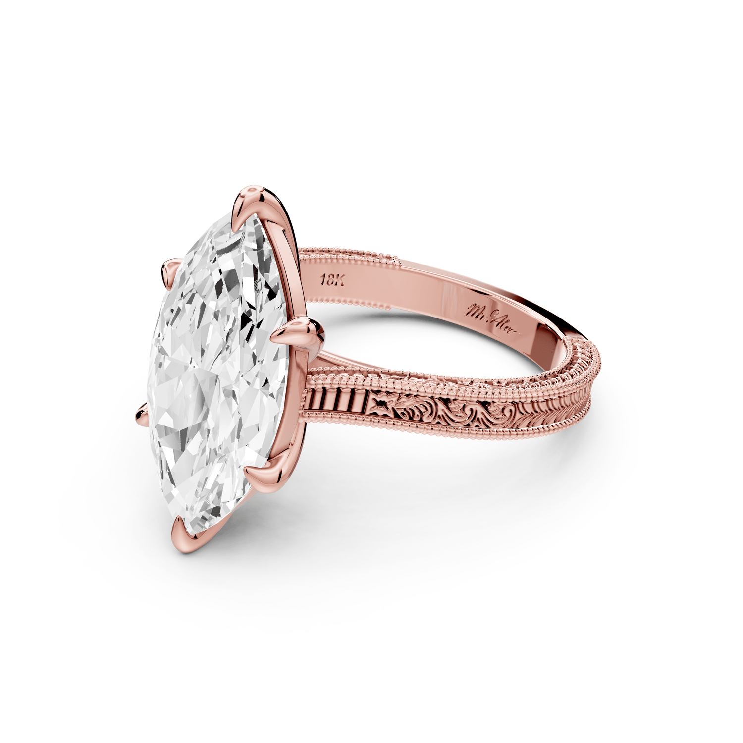 Daniel - 4ct 18k rose gold Marquise Vintage-Inspired Solitaire Engagement Ring with Hand-Engraved Milgrain Band - Mr. Alex Jewelry