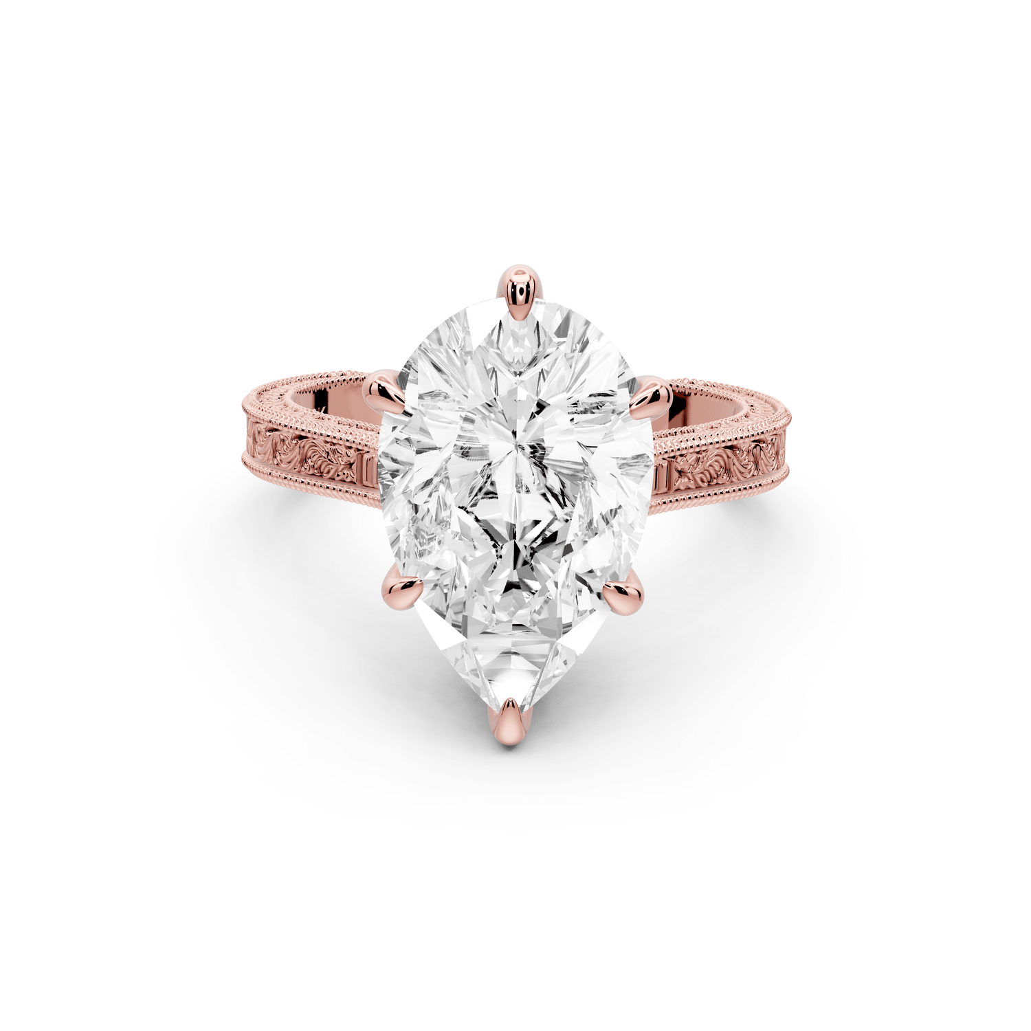 Daniel - 4ct 18k rose gold Pear Vintage-Inspired Solitaire Engagement Ring with Hand-Engraved Milgrain Band - Mr. Alex Jewelry