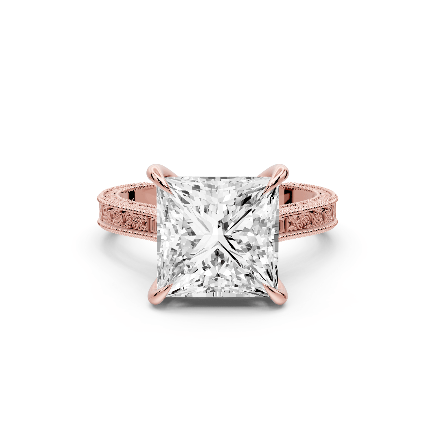 Daniel - 4ct 18k rose gold Princess Vintage-Inspired Solitaire Engagement Ring with Hand-Engraved Milgrain Band - Mr. Alex Jewelry