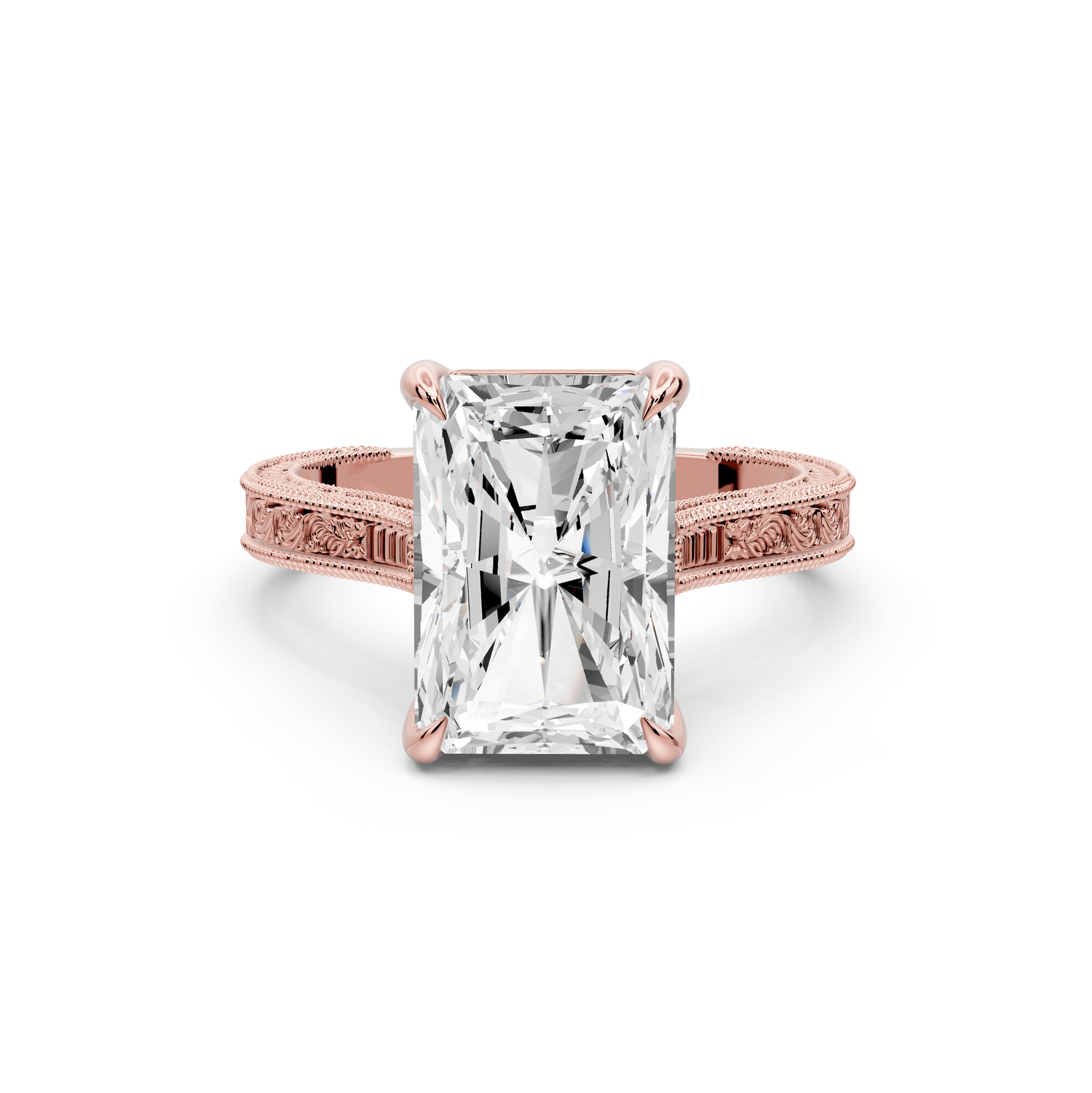 Daniel - 4ct 18k rose gold Radiant Vintage-Inspired Solitaire Engagement Ring with Hand-Engraved Milgrain Band - Mr. Alex Jewelry