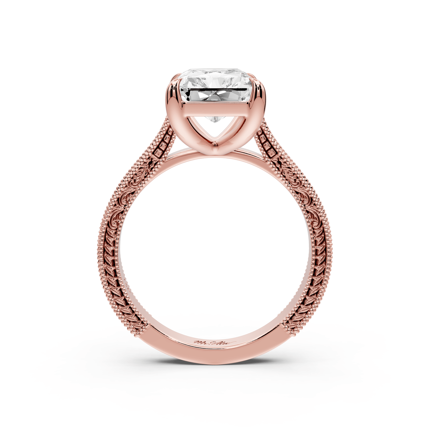 Daniel - 4ct 18k rose gold Radiant Vintage-Inspired Solitaire Engagement Ring with Hand-Engraved Milgrain Band - Mr. Alex Jewelry