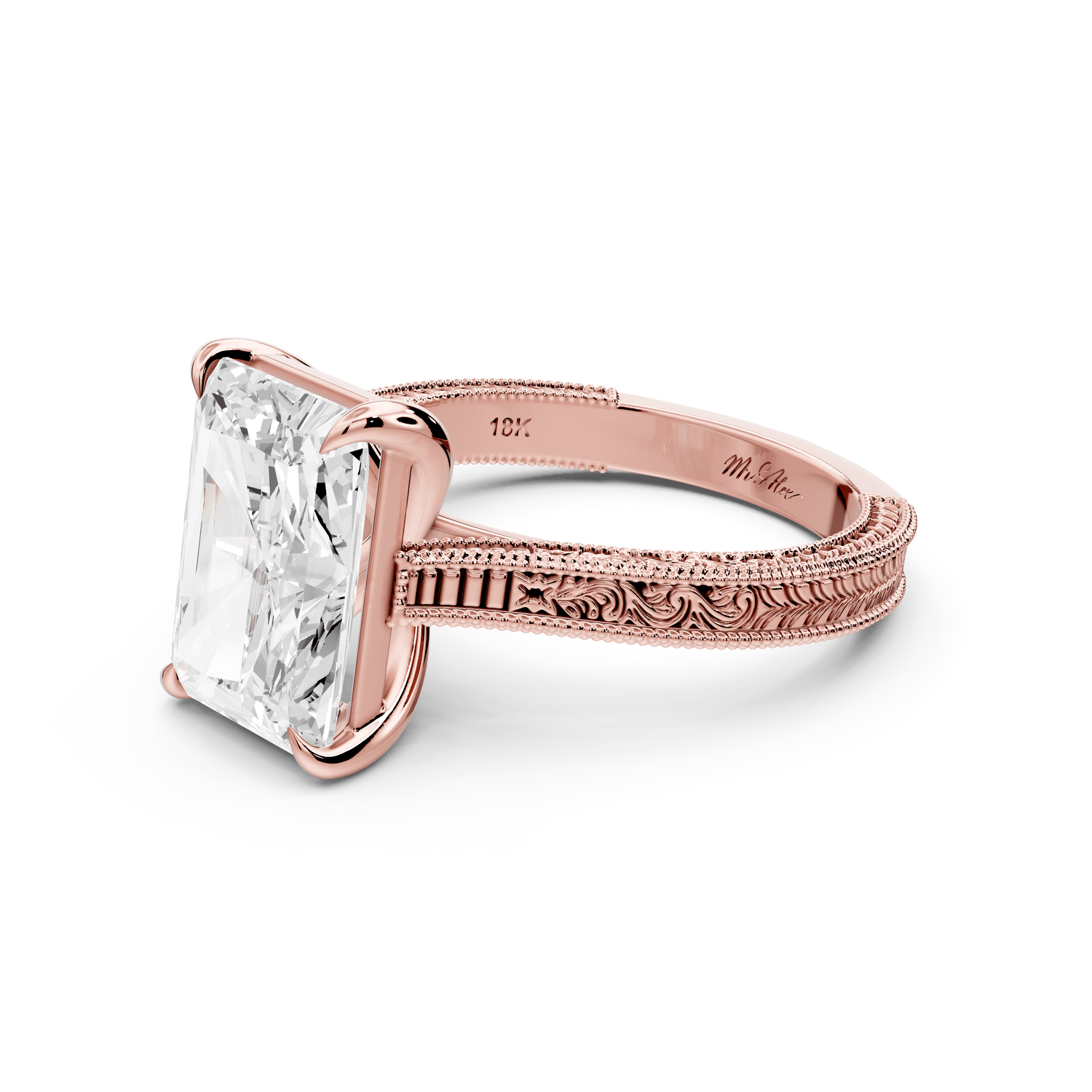 Daniel - 4ct 18k rose gold Radiant Vintage-Inspired Solitaire Engagement Ring with Hand-Engraved Milgrain Band - Mr. Alex Jewelry