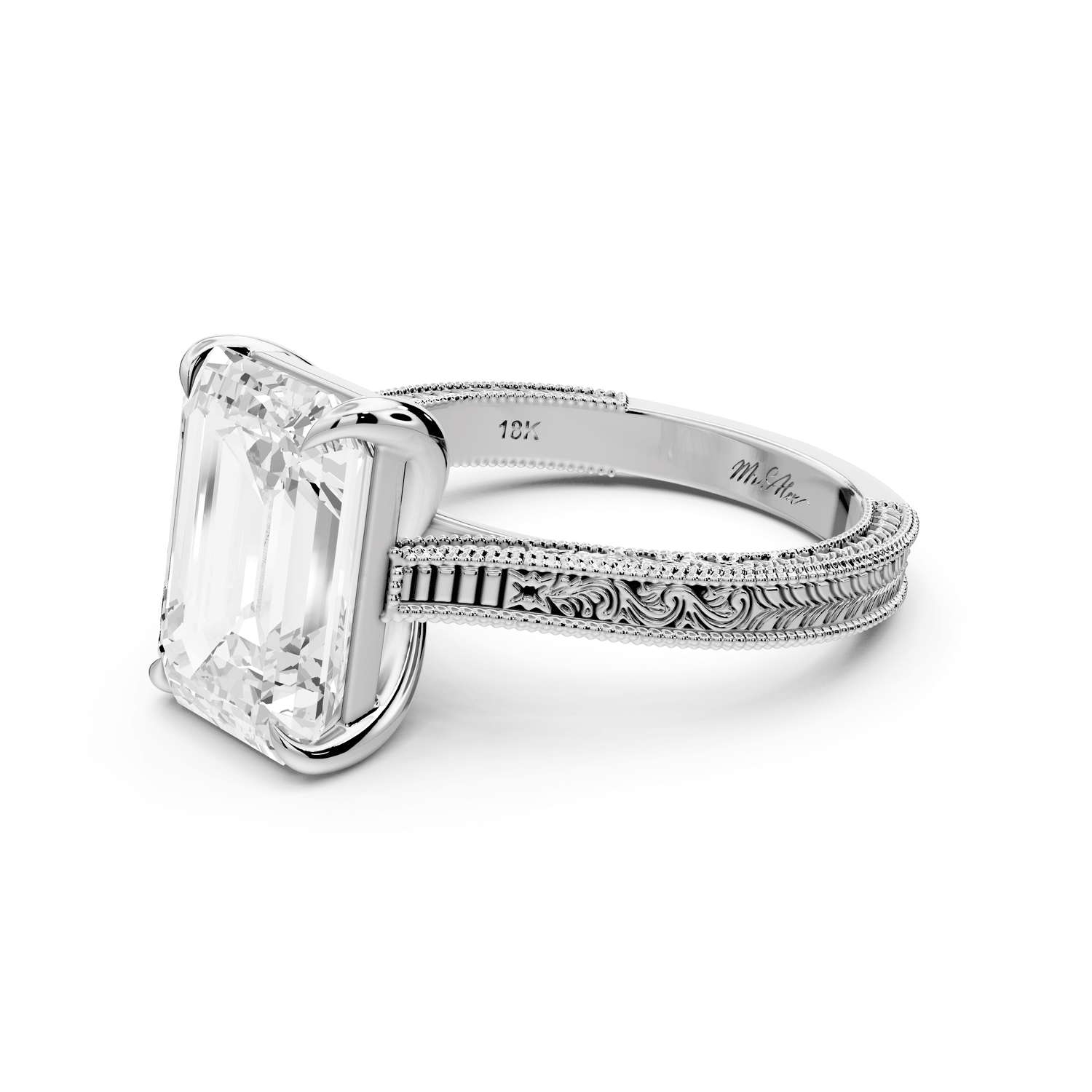Daniel - 4ct 18k white gold Emerald Vintage-Inspired Solitaire Engagement Ring with Hand-Engraved Milgrain Band - Mr. Alex Jewelry