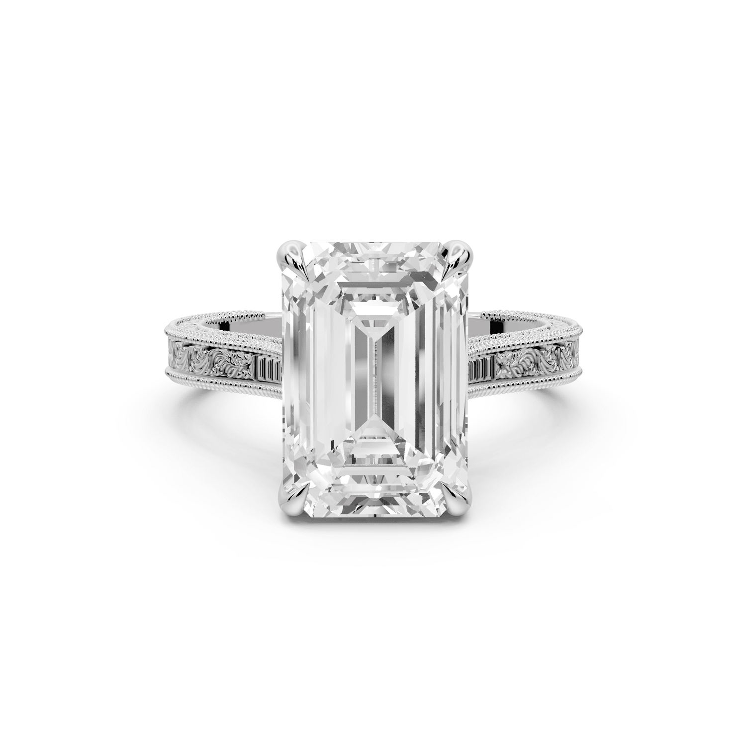 Daniel - 4ct 18k white gold Emerald Vintage-Inspired Solitaire Engagement Ring with Hand-Engraved Milgrain Band - Mr. Alex Jewelry