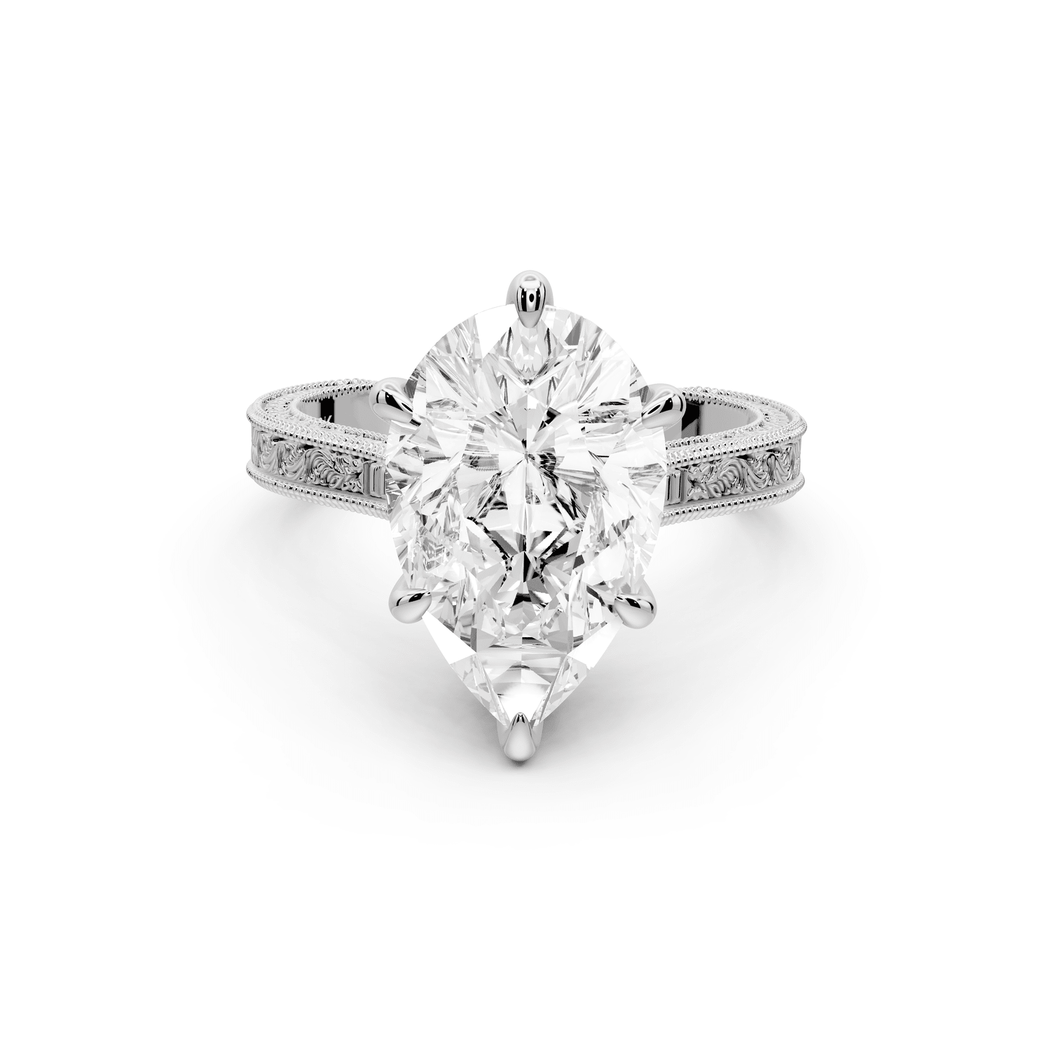 Daniel - 4ct 18k white gold Pear Vintage-Inspired Solitaire Engagement Ring with Hand-Engraved Milgrain Band - Mr. Alex Jewelry