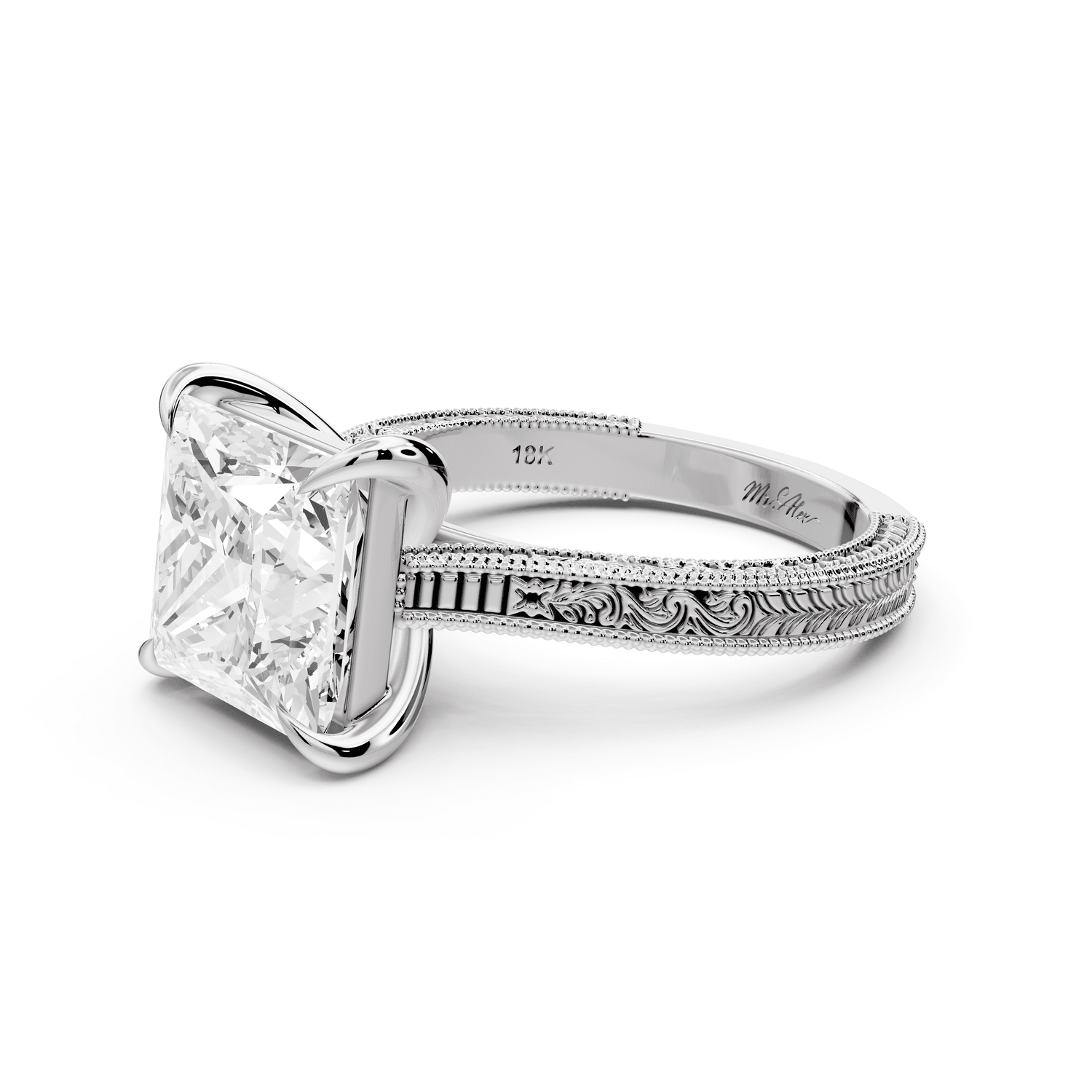 Daniel - 4ct 18k white gold Princess Vintage-Inspired Solitaire Engagement Ring with Hand-Engraved Milgrain Band - Mr. Alex Jewelry