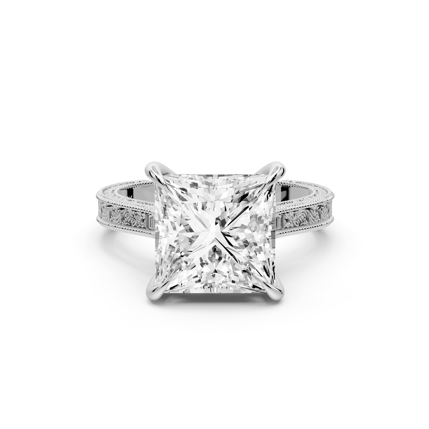 Daniel - 4ct 18k white gold Princess Vintage-Inspired Solitaire Engagement Ring with Hand-Engraved Milgrain Band - Mr. Alex Jewelry