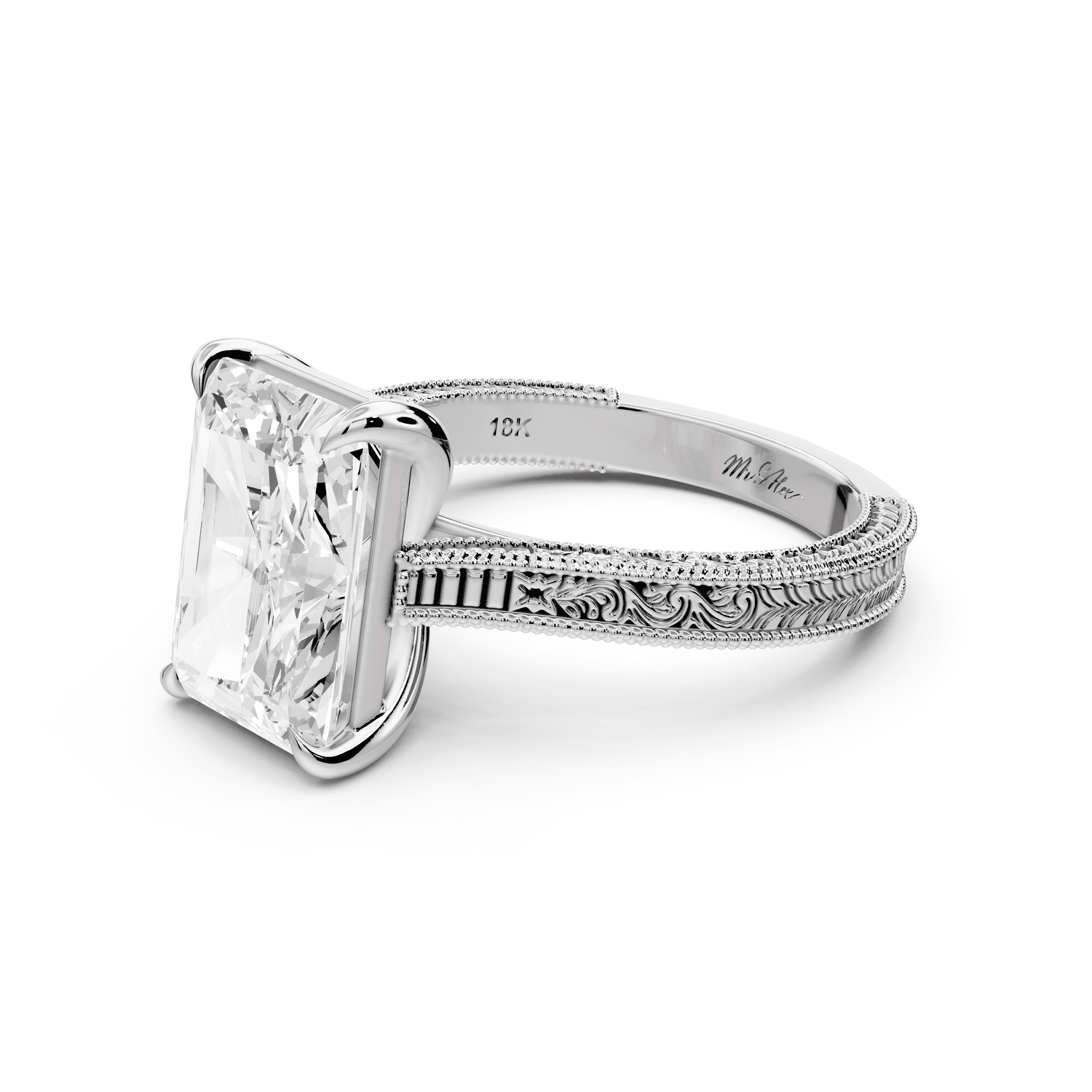 Daniel - 4ct 18k white gold Radiant Vintage-Inspired Solitaire Engagement Ring with Hand-Engraved Milgrain Band - Mr. Alex Jewelry