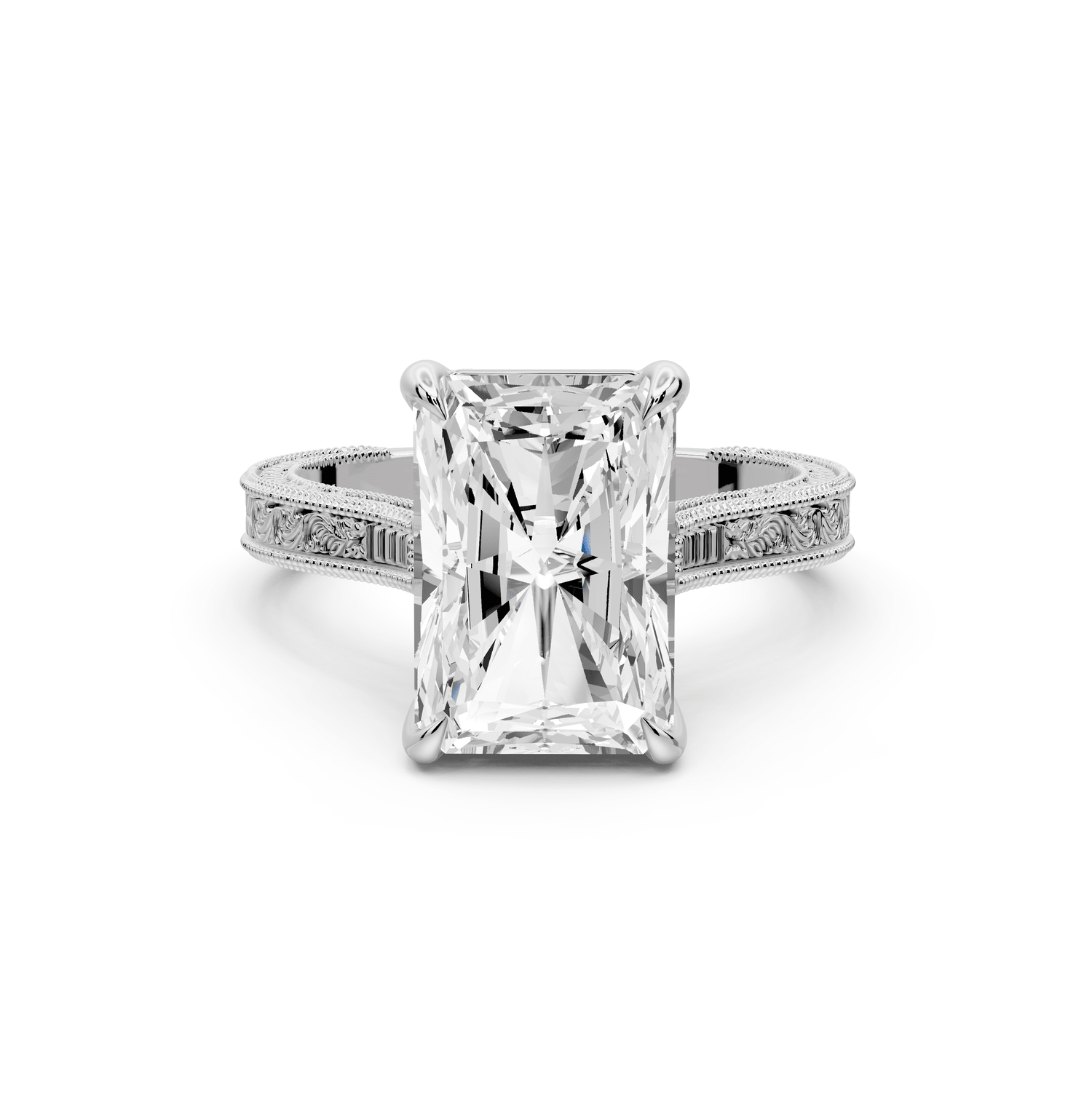 Daniel - 4ct 18k white gold Radiant Vintage-Inspired Solitaire Engagement Ring with Hand-Engraved Milgrain Band - Mr. Alex Jewelry