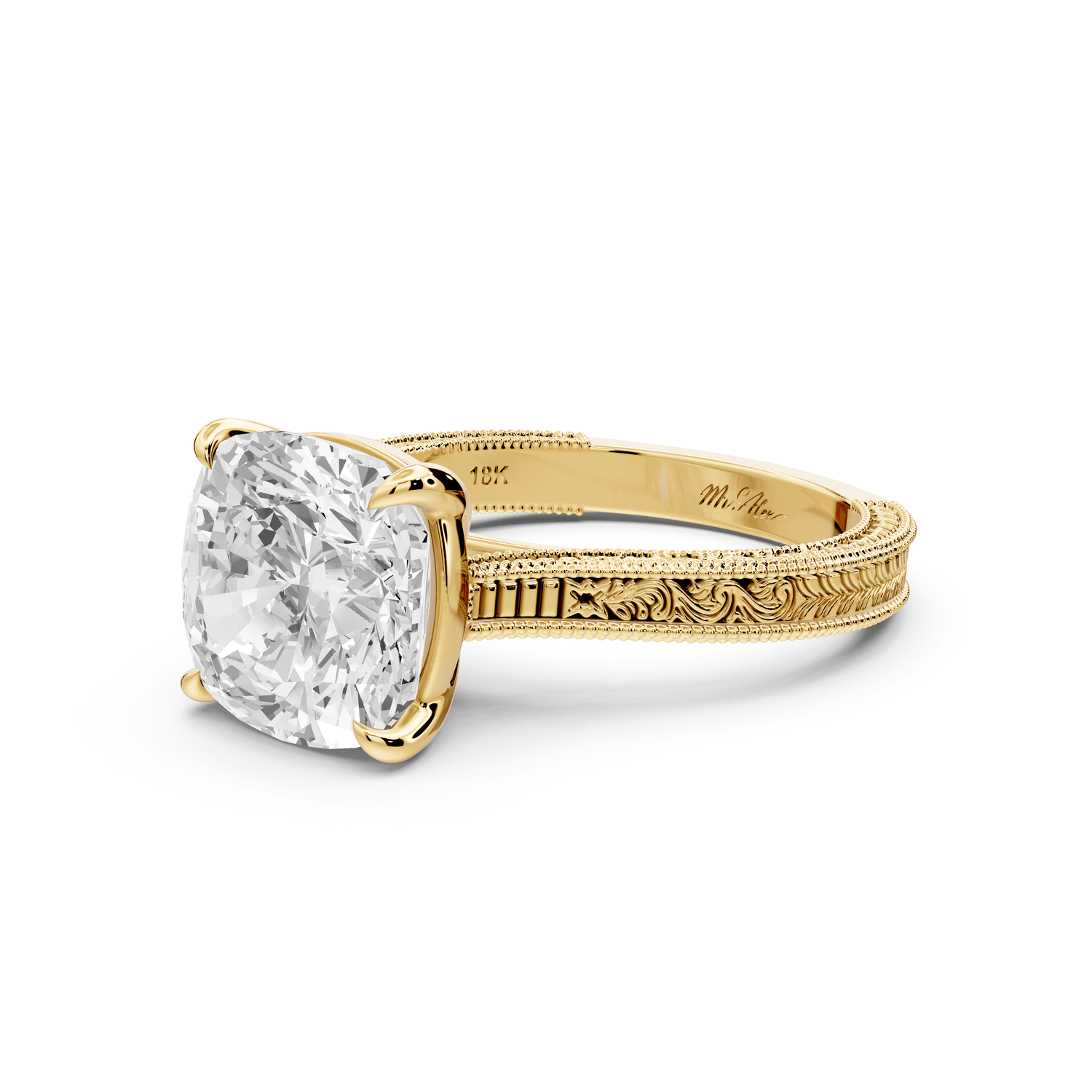 Daniel - 4ct 18k yellow gold Cushion Vintage-Inspired Solitaire Engagement Ring with Hand-Engraved Milgrain Band - Mr. Alex Jewelry