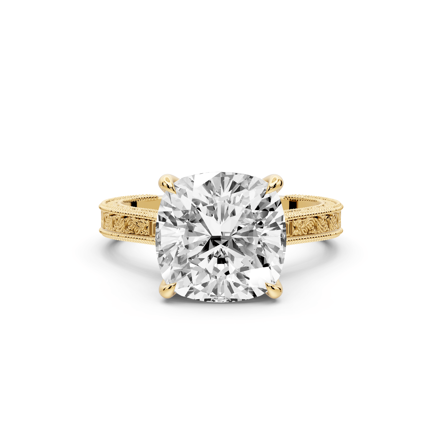 Daniel - 4ct 18k yellow gold Cushion Vintage-Inspired Solitaire Engagement Ring with Hand-Engraved Milgrain Band - Mr. Alex Jewelry