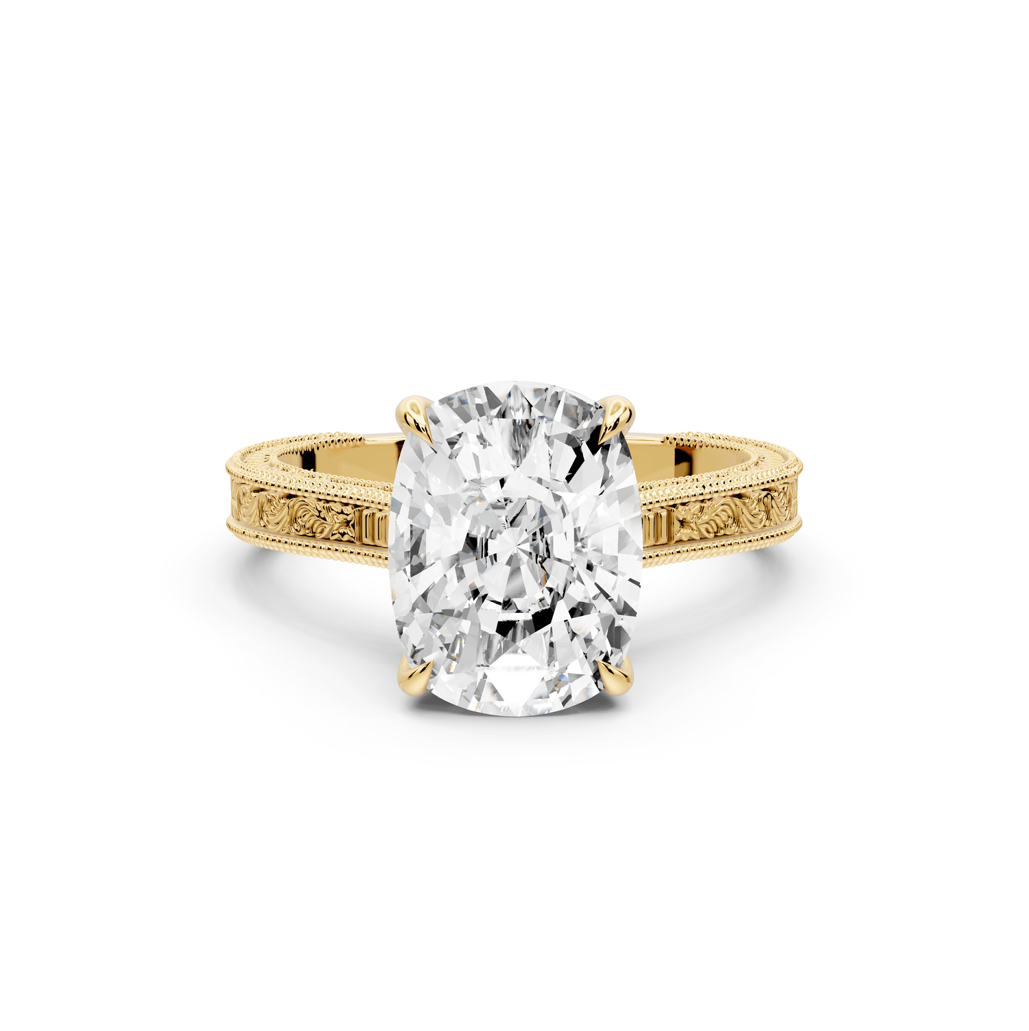 Daniel - 4ct 18k yellow gold Ecushion Vintage-Inspired Solitaire Engagement Ring with Hand-Engraved Milgrain Band - Mr. Alex Jewelry