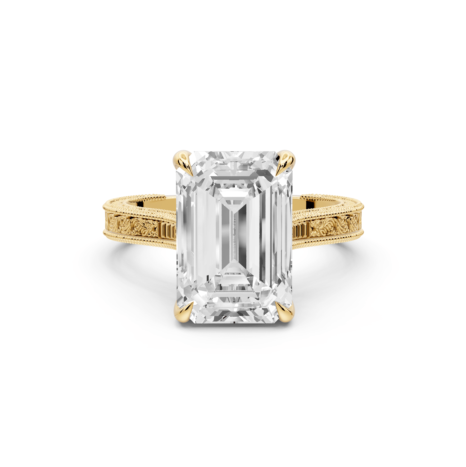Daniel - 4ct 18k yellow gold Emerald Vintage-Inspired Solitaire Engagement Ring with Hand-Engraved Milgrain Band - Mr. Alex Jewelry