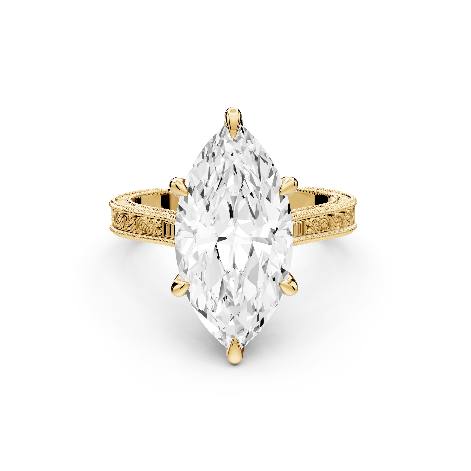 Daniel - 4ct 18k yellow gold Marquise Vintage-Inspired Solitaire Engagement Ring with Hand-Engraved Milgrain Band - Mr. Alex Jewelry